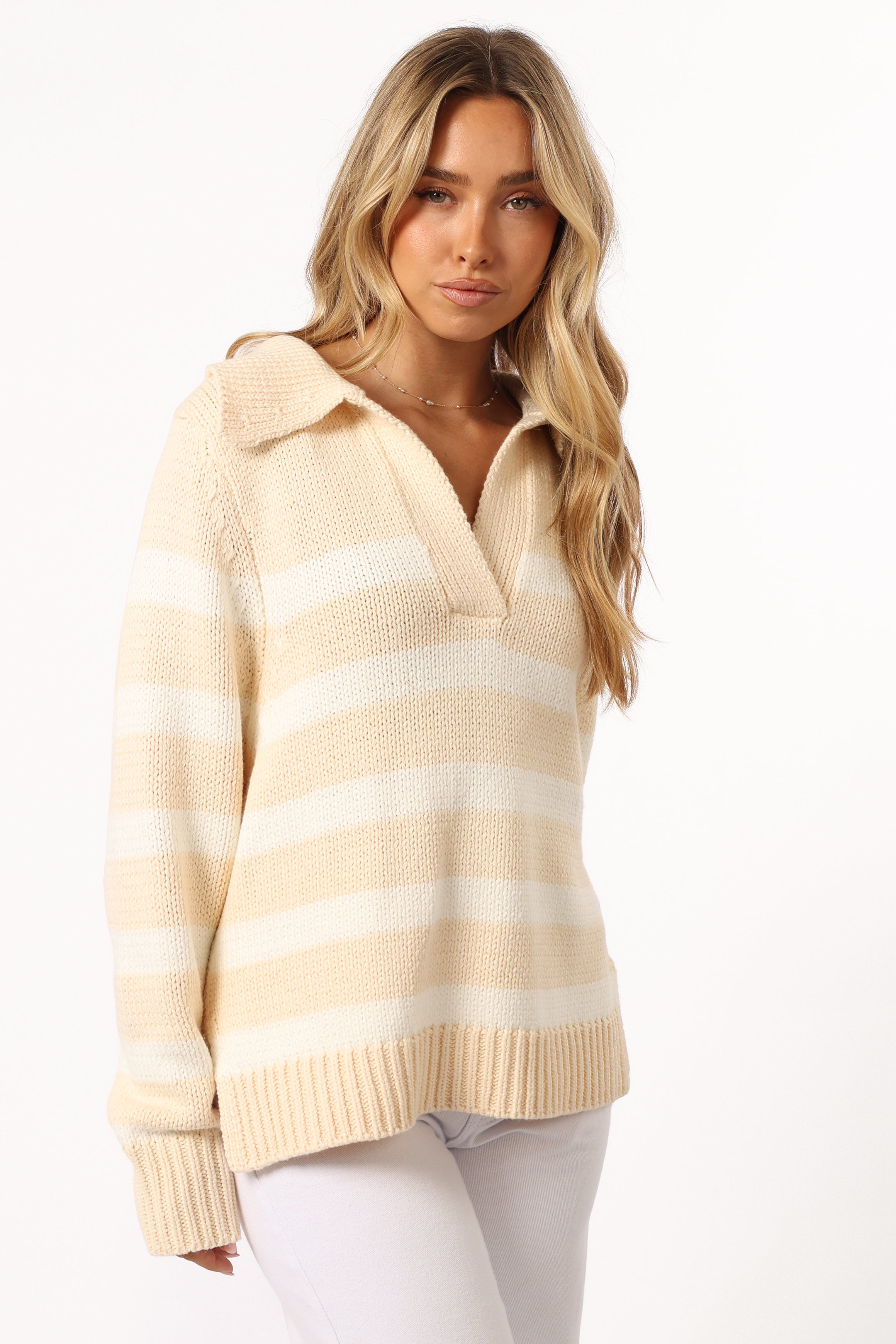 Shea Striped Collar Knit Sweater - Cream