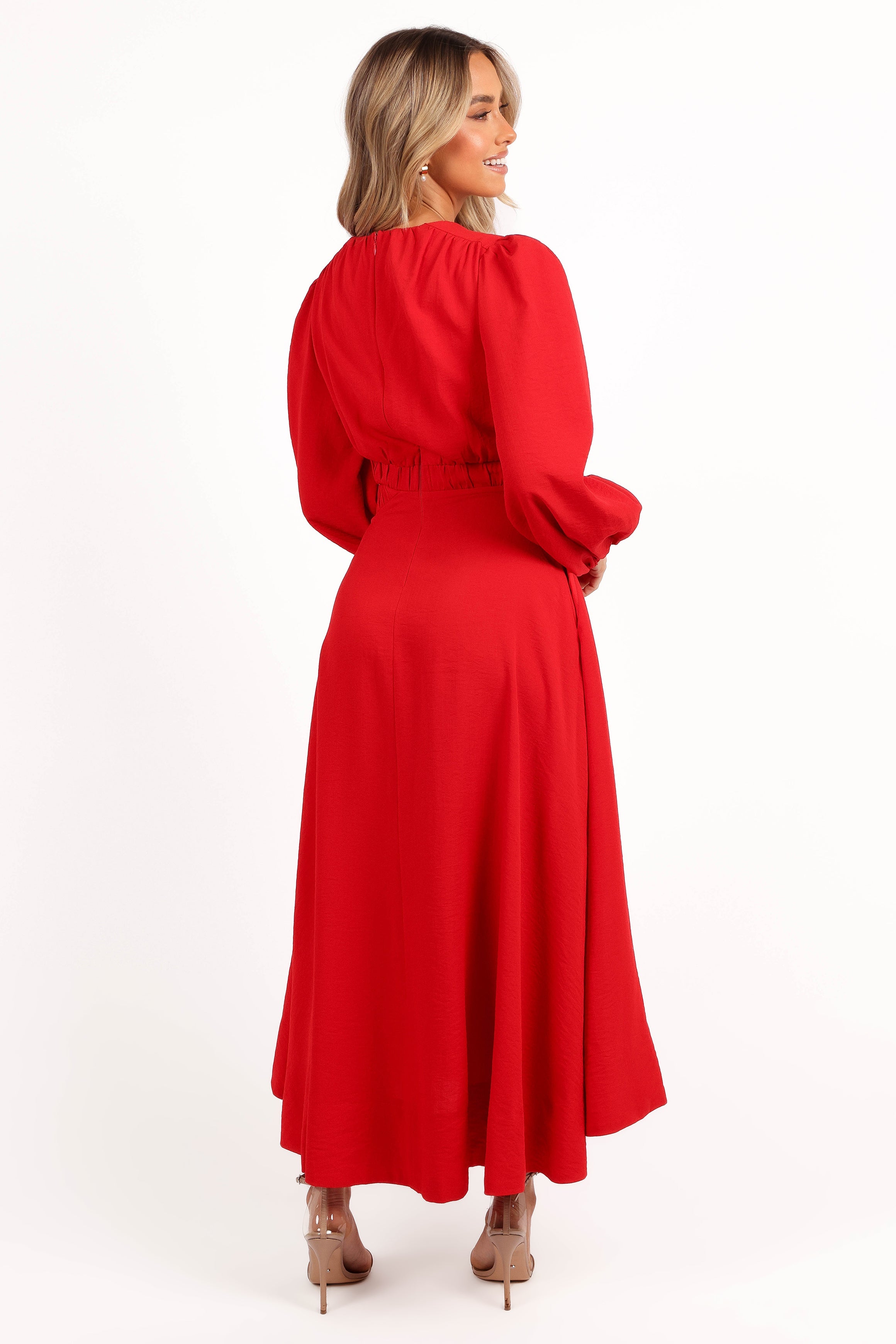 Ginnee Puff Sleeve Cutout Midi Dress - Red