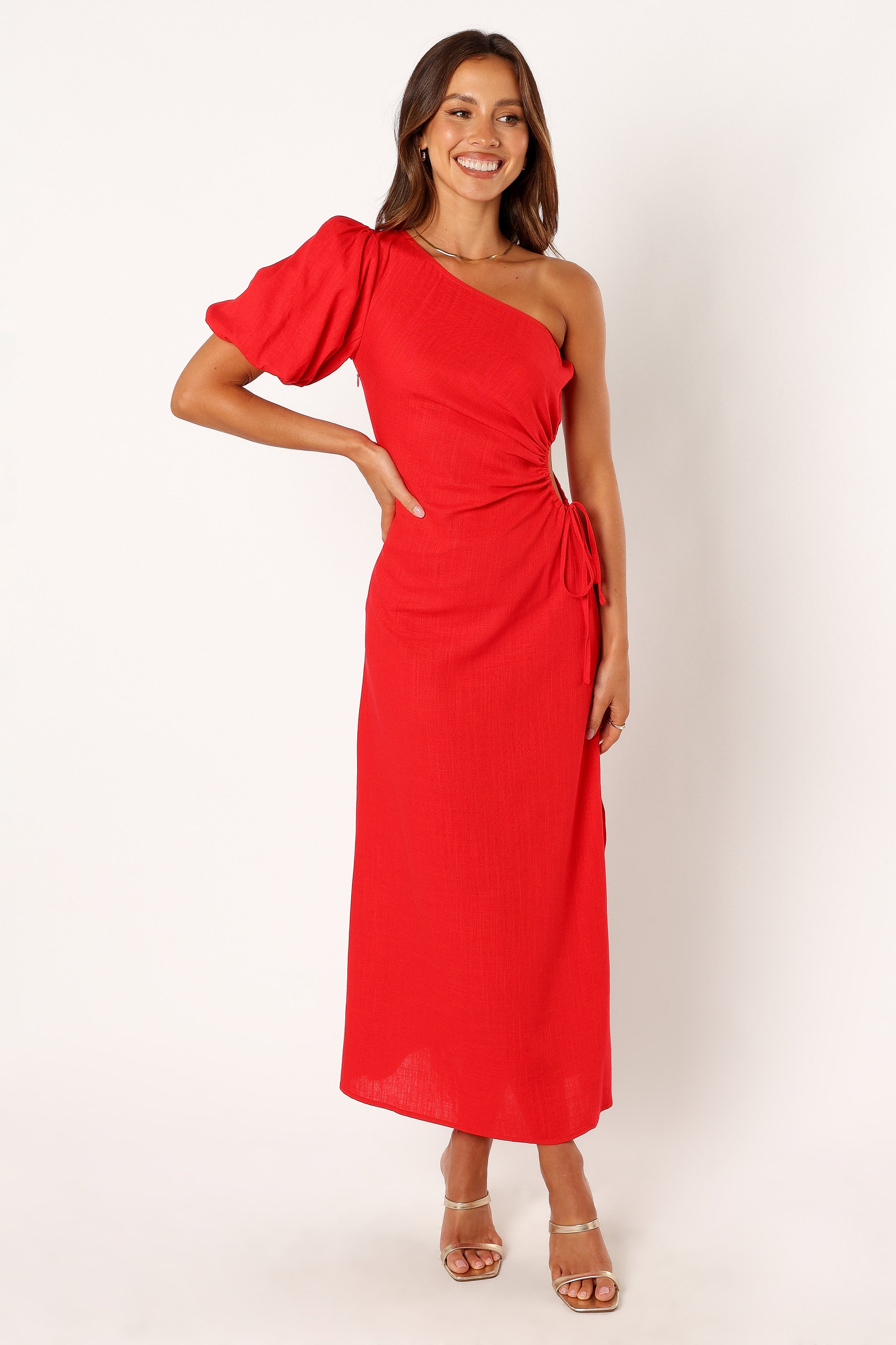 Kimmie One Shoulder Cut Out Midi Dress - Red