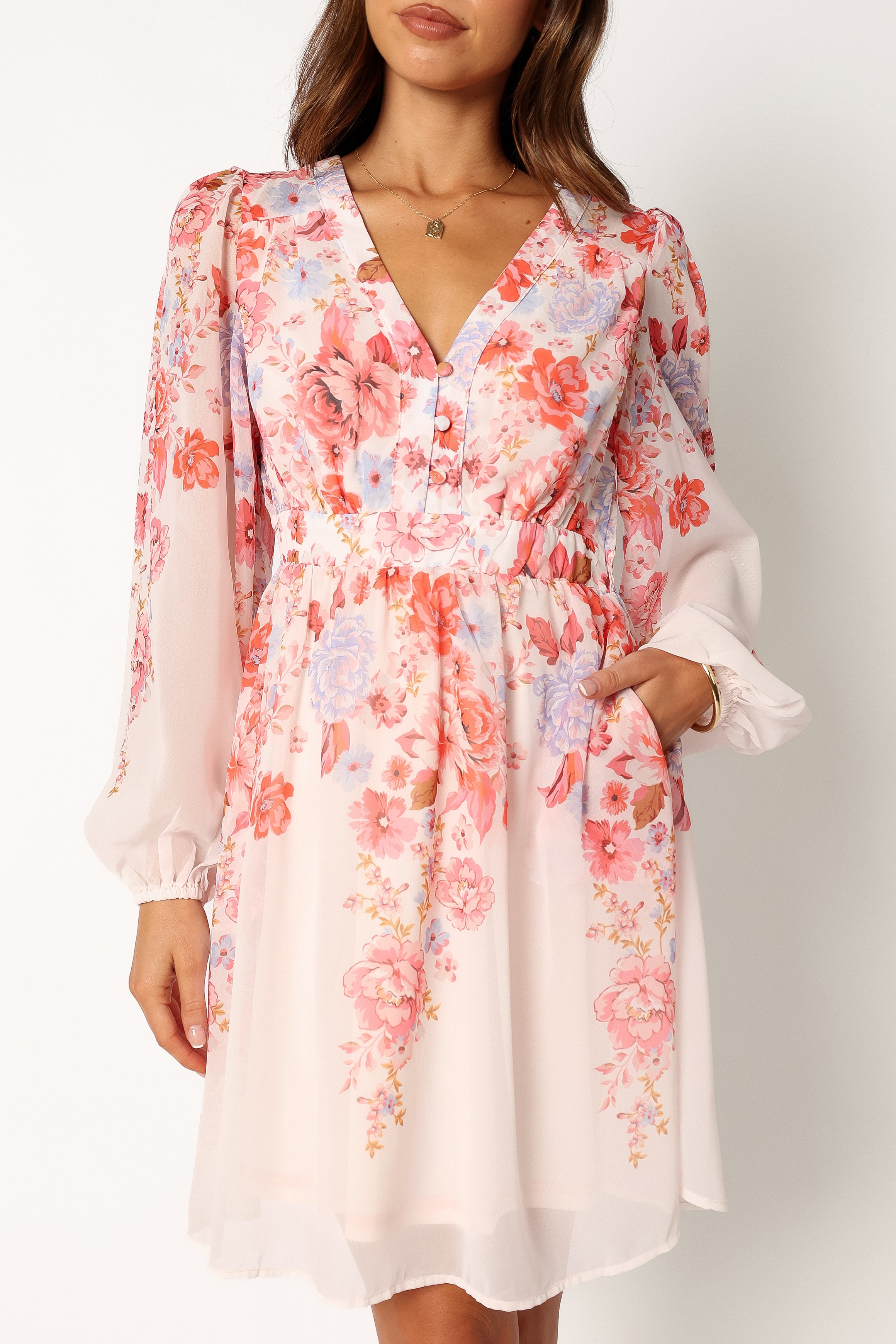 Hattie Long Sleeve Mini Dress - Pink Floral