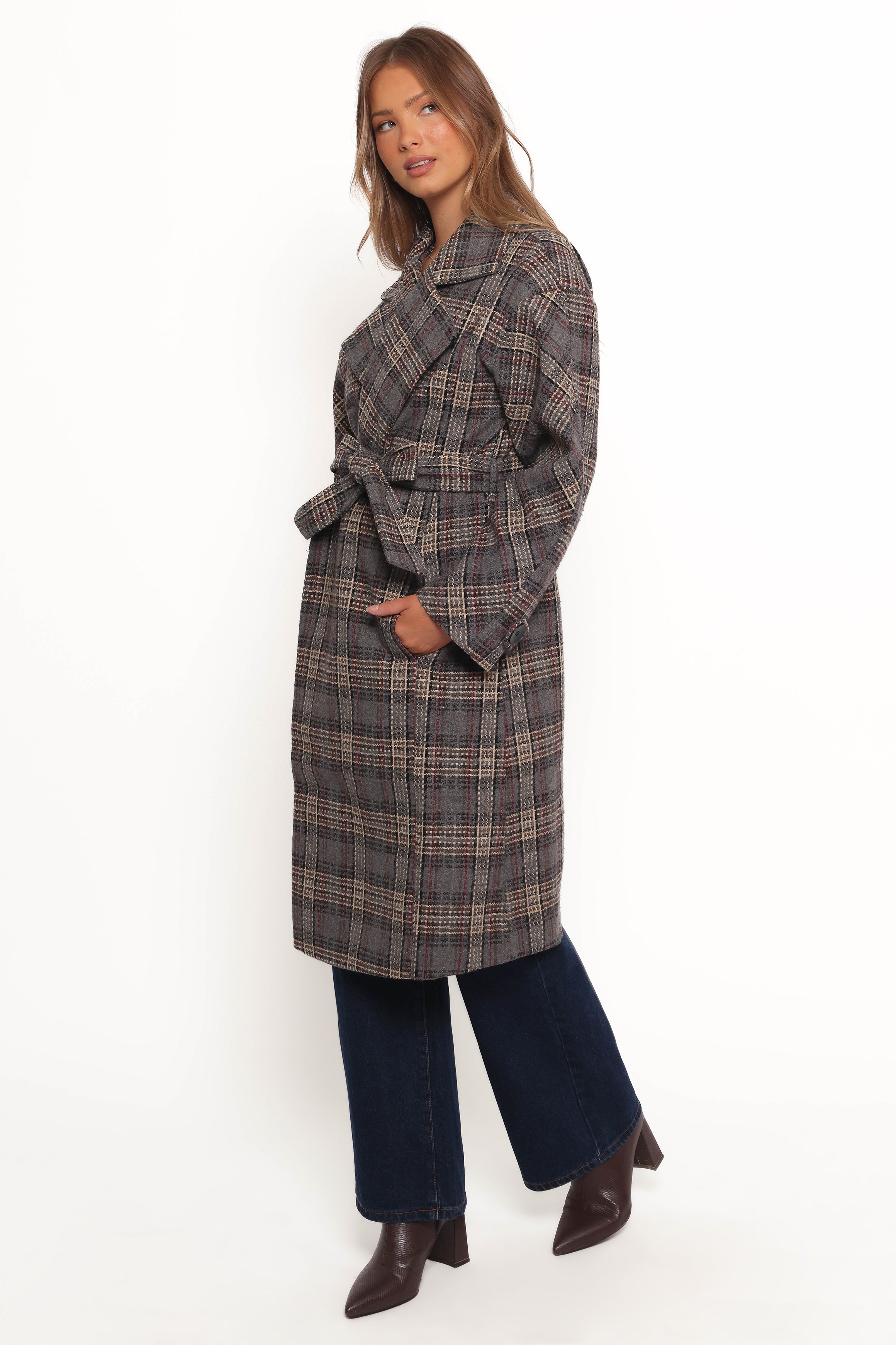 Torie Waist Tie Long Coat - Grey Check