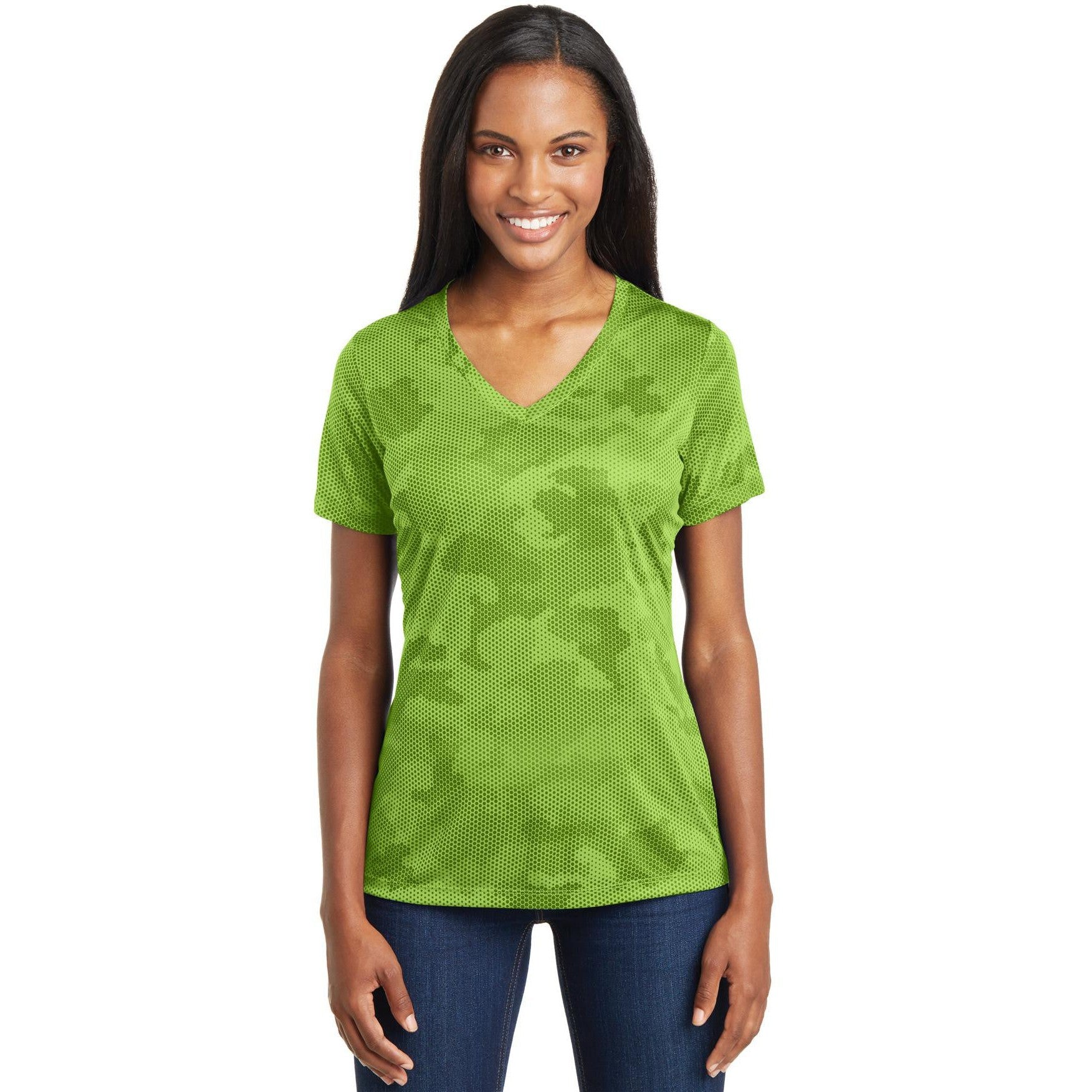 CLOSEOUT - Sport-Tek Ladies CamoHex V-Neck Tee