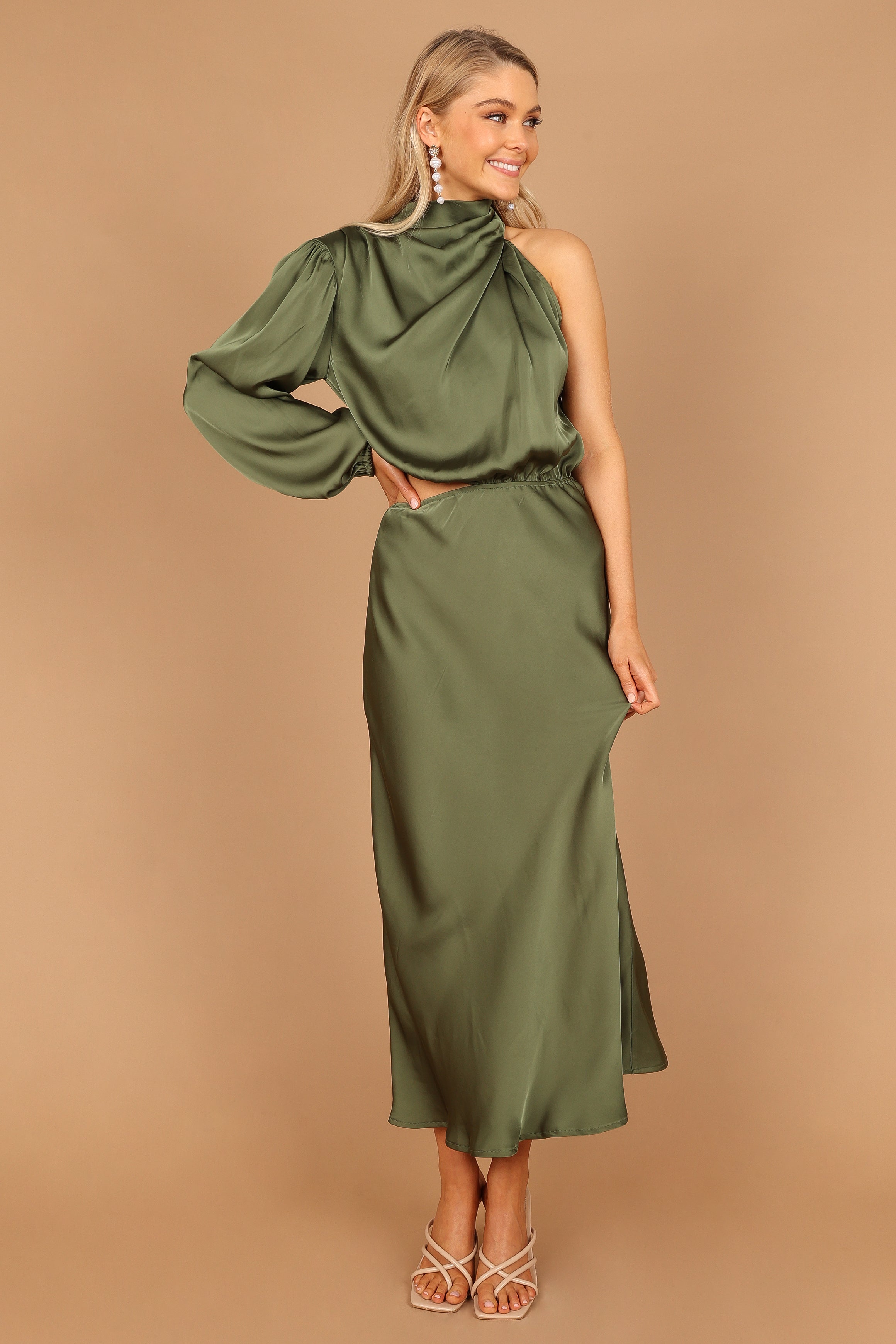 Amelie One Shoulder Midi Dress - Olive