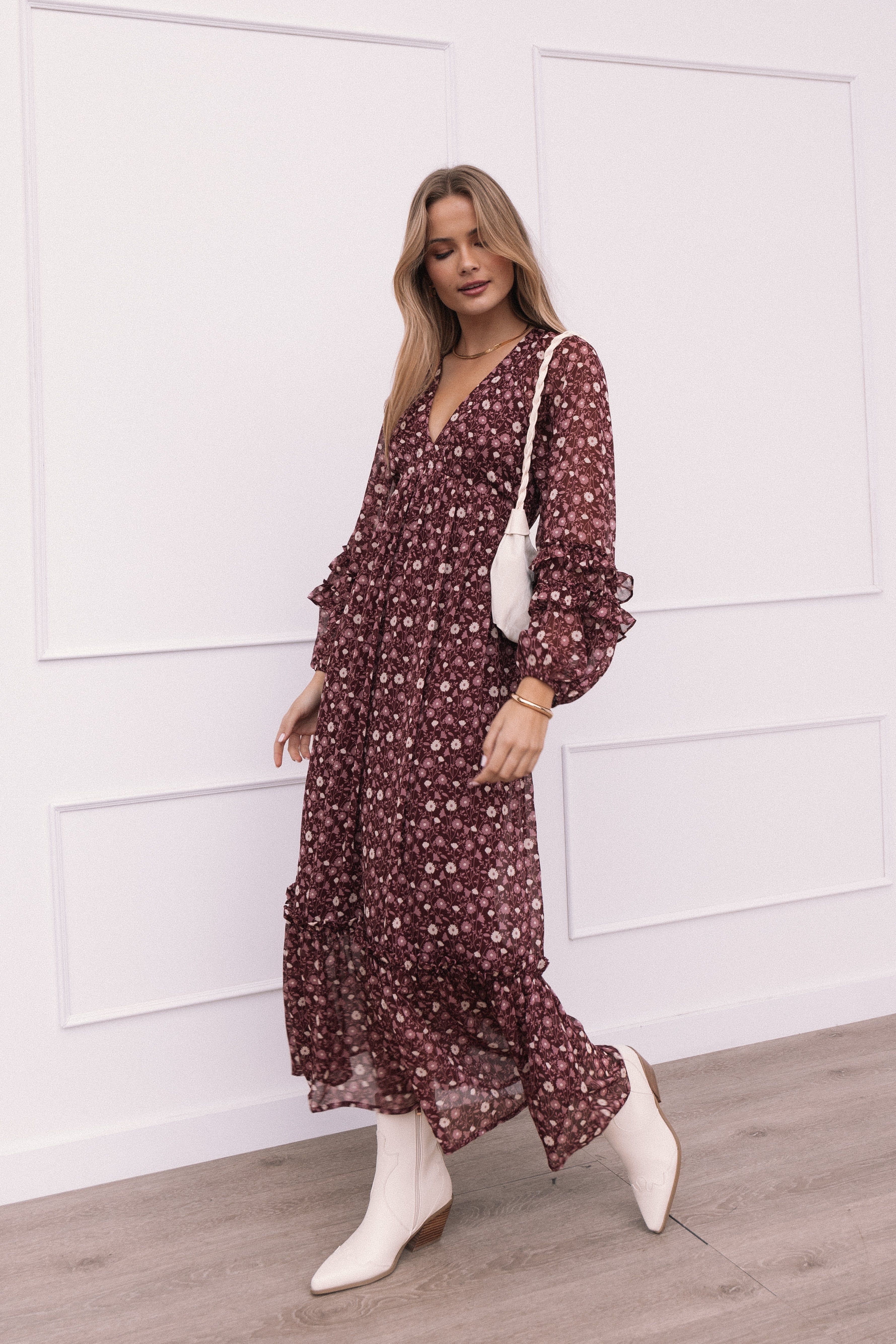 Evian Long Sleeve Maxi Dress - Burgundy Multi