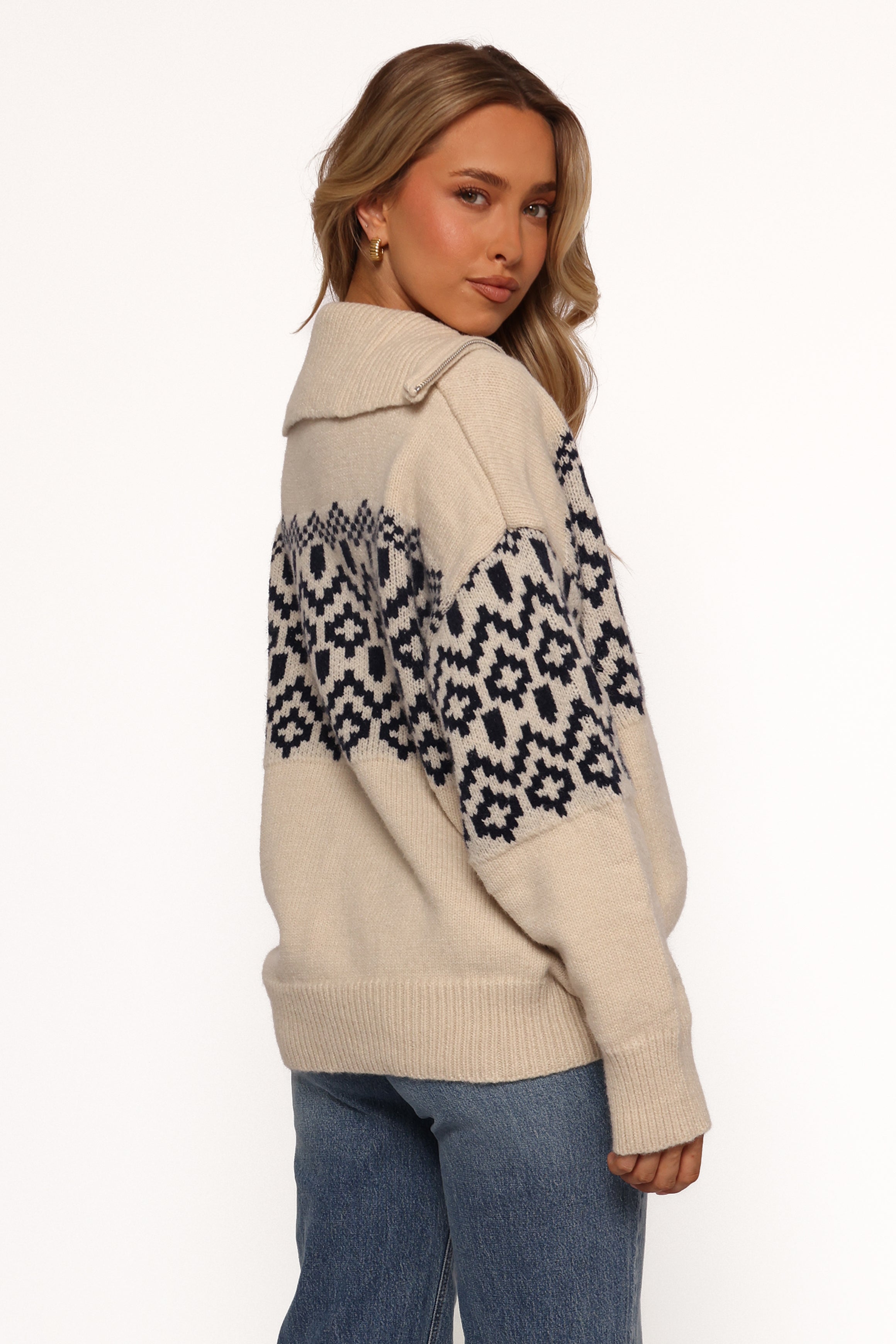 Jethro Quarter Zip Fairisle Knit Sweater - Cream/Navy