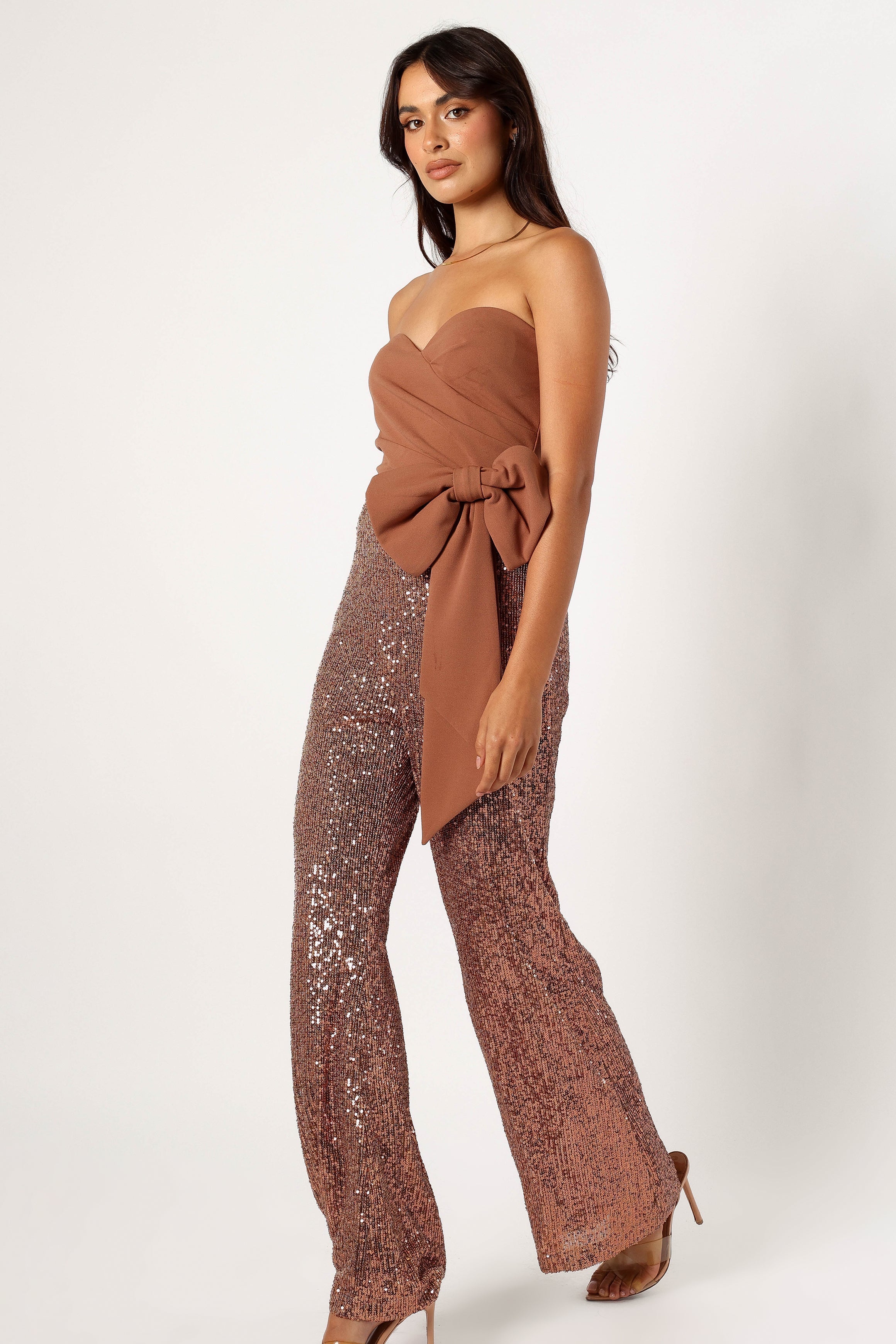 Jacquelin Bow Waist Sequin Jumpsuit - Tan