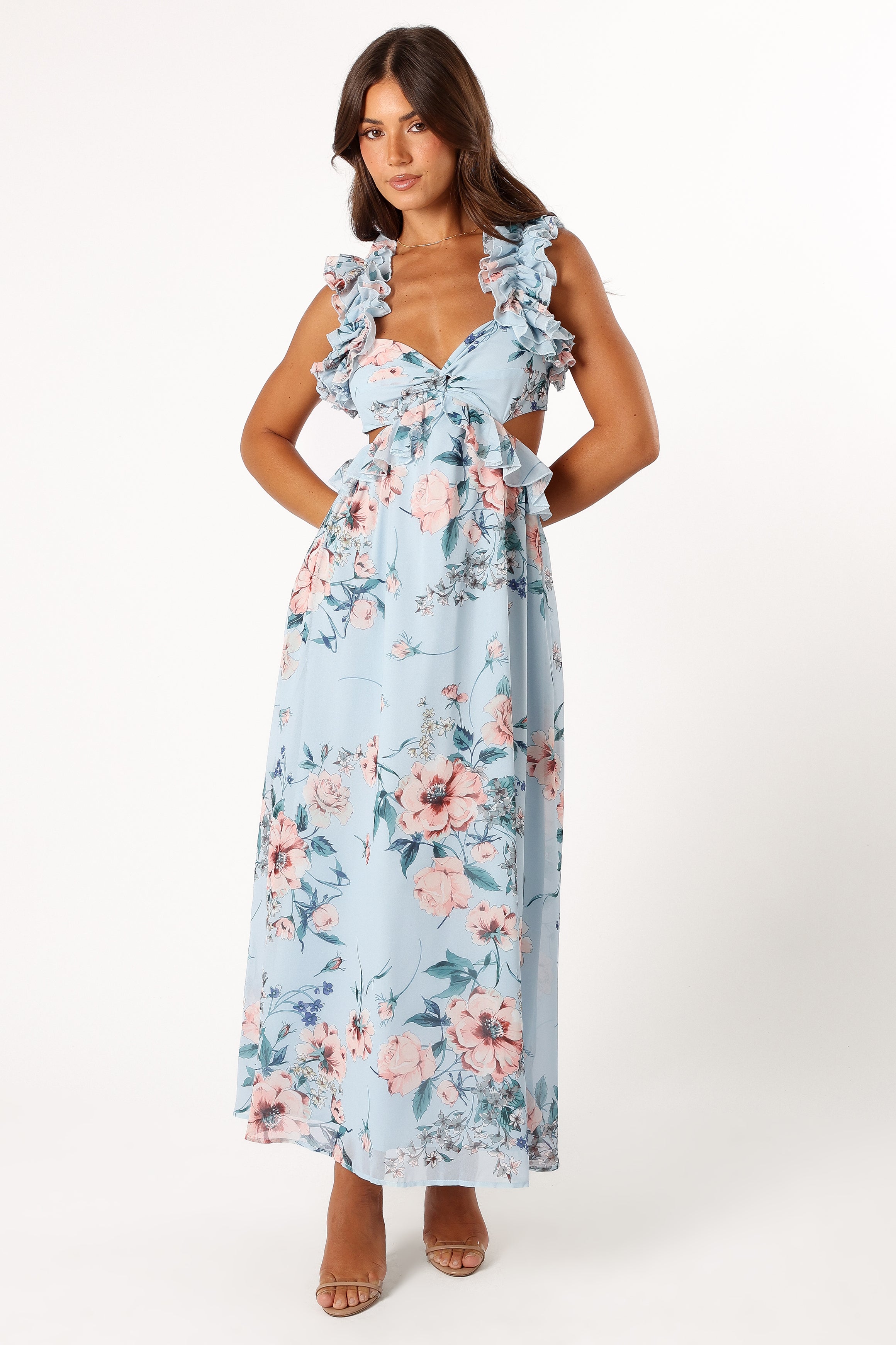 Lucah Frill Shoulder Maxi Dress - Blue Floral