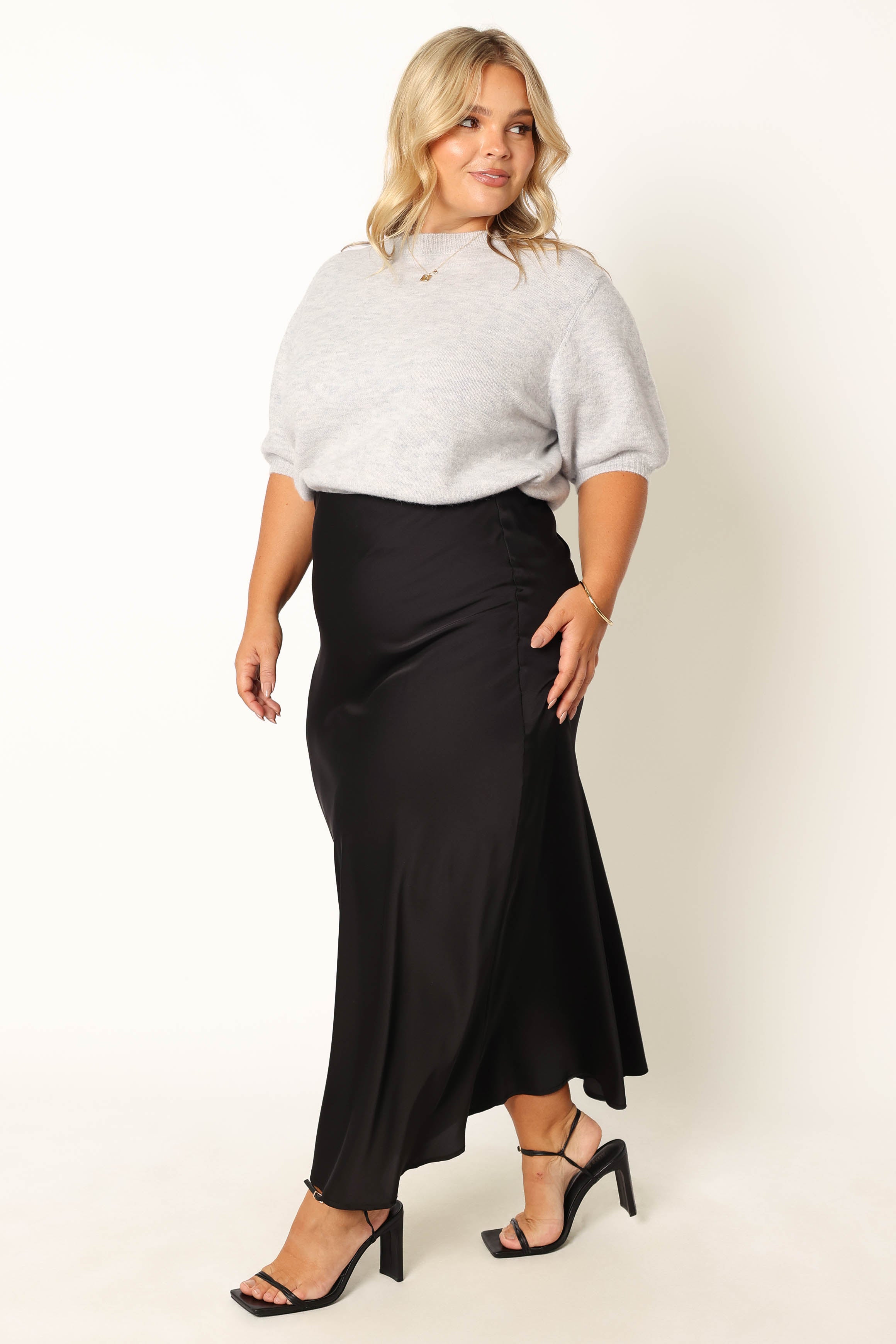 Nellie Satin Midi Skirt - Black