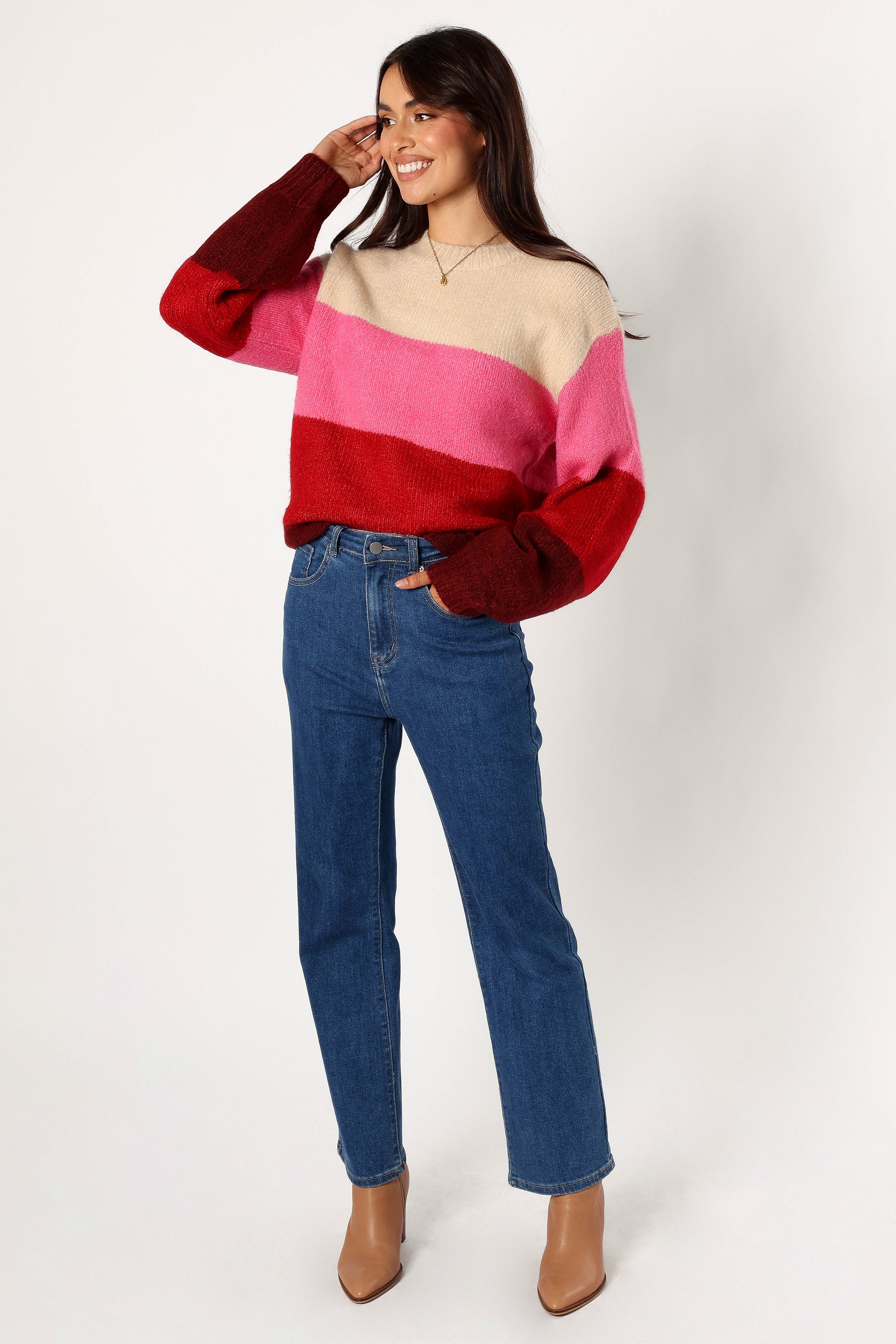 Giovanna Crewneck Multi Stripe Knit Sweater - Berry