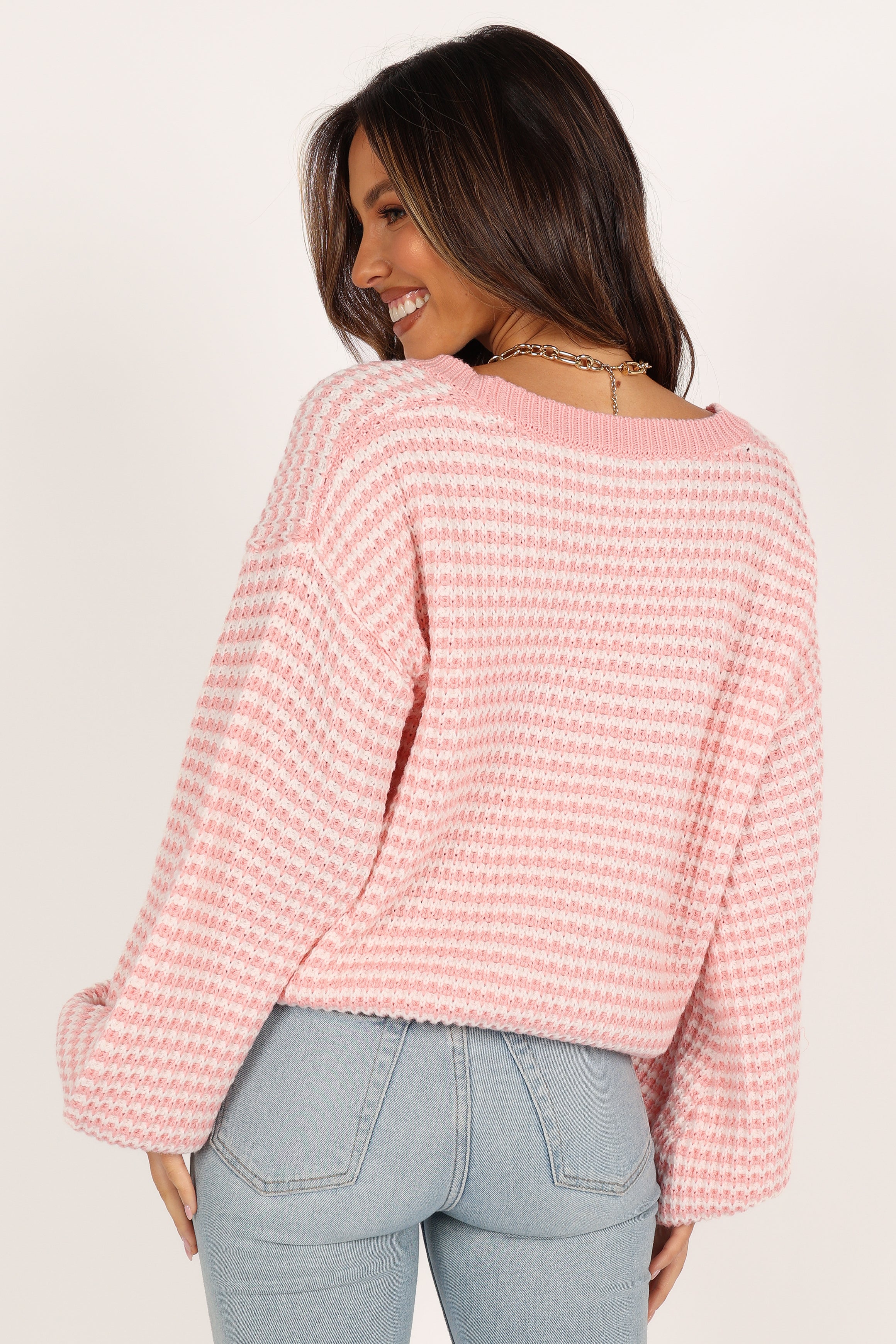 Becca Crewneck Waffle Stitch Stripe Knit Sweater - Pink