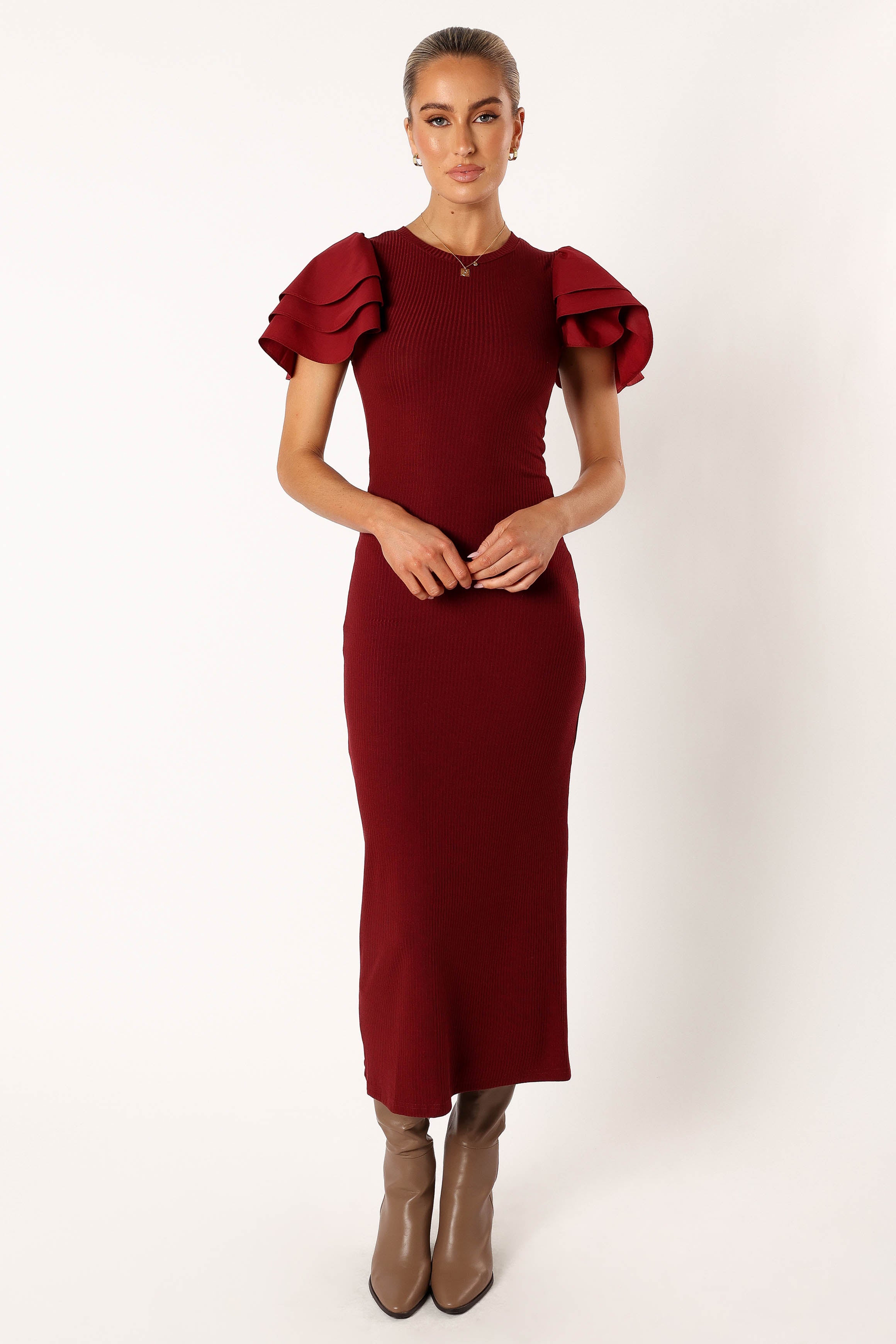 Cally Ruffle Sleeve Midi Dress - Wine