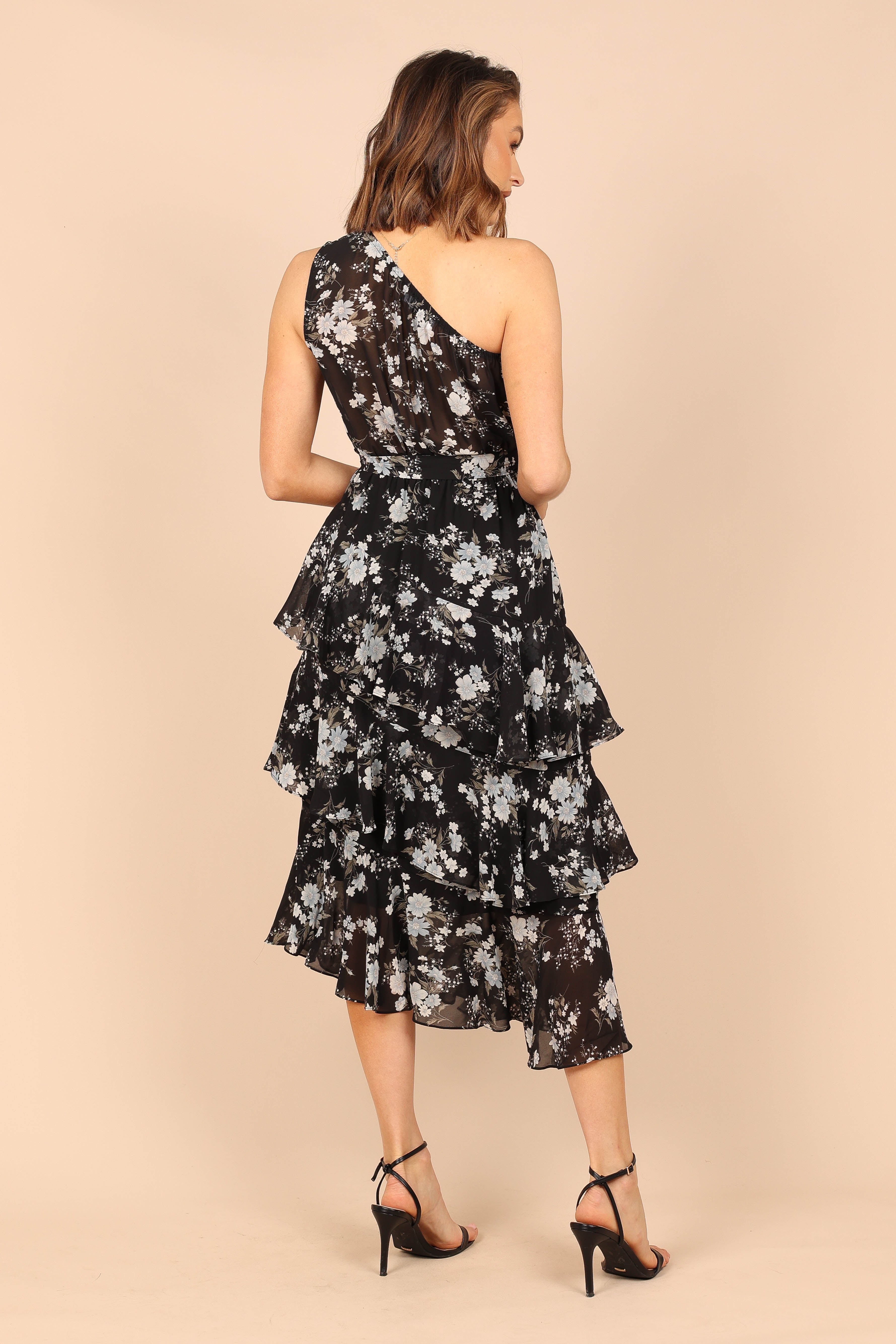 Brigette One Shoulder Tiered Midi Dress - Black Floral