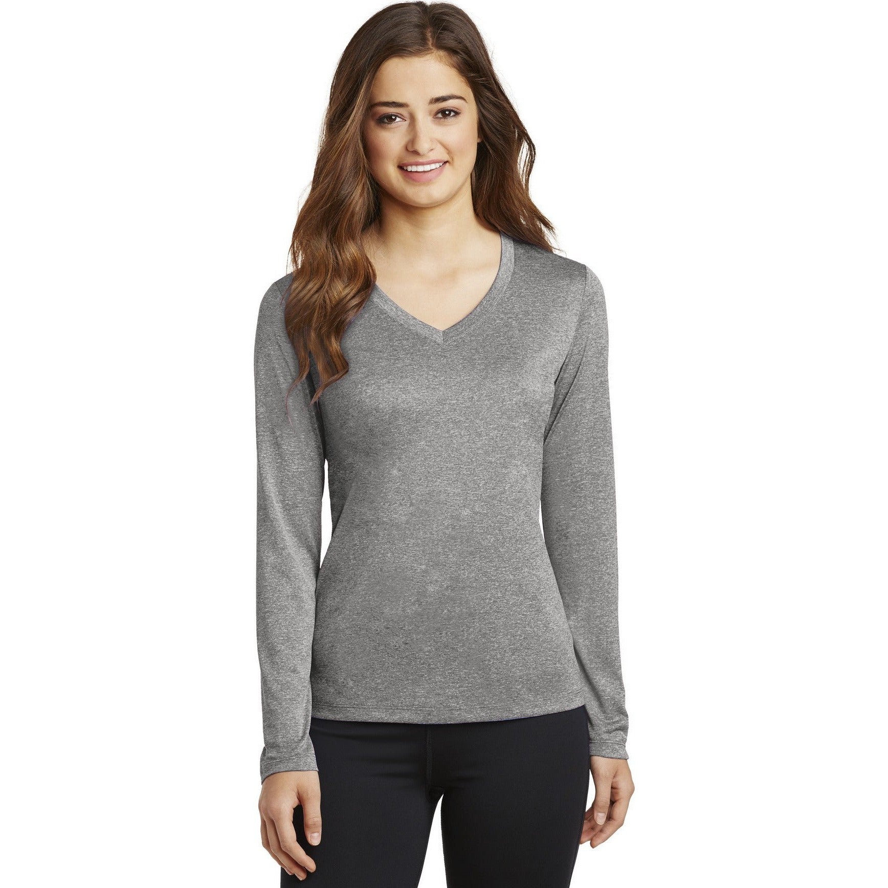 CLOSEOUT - Sport-Tek Ladies Long Sleeve Heather Contender V-Neck Tee