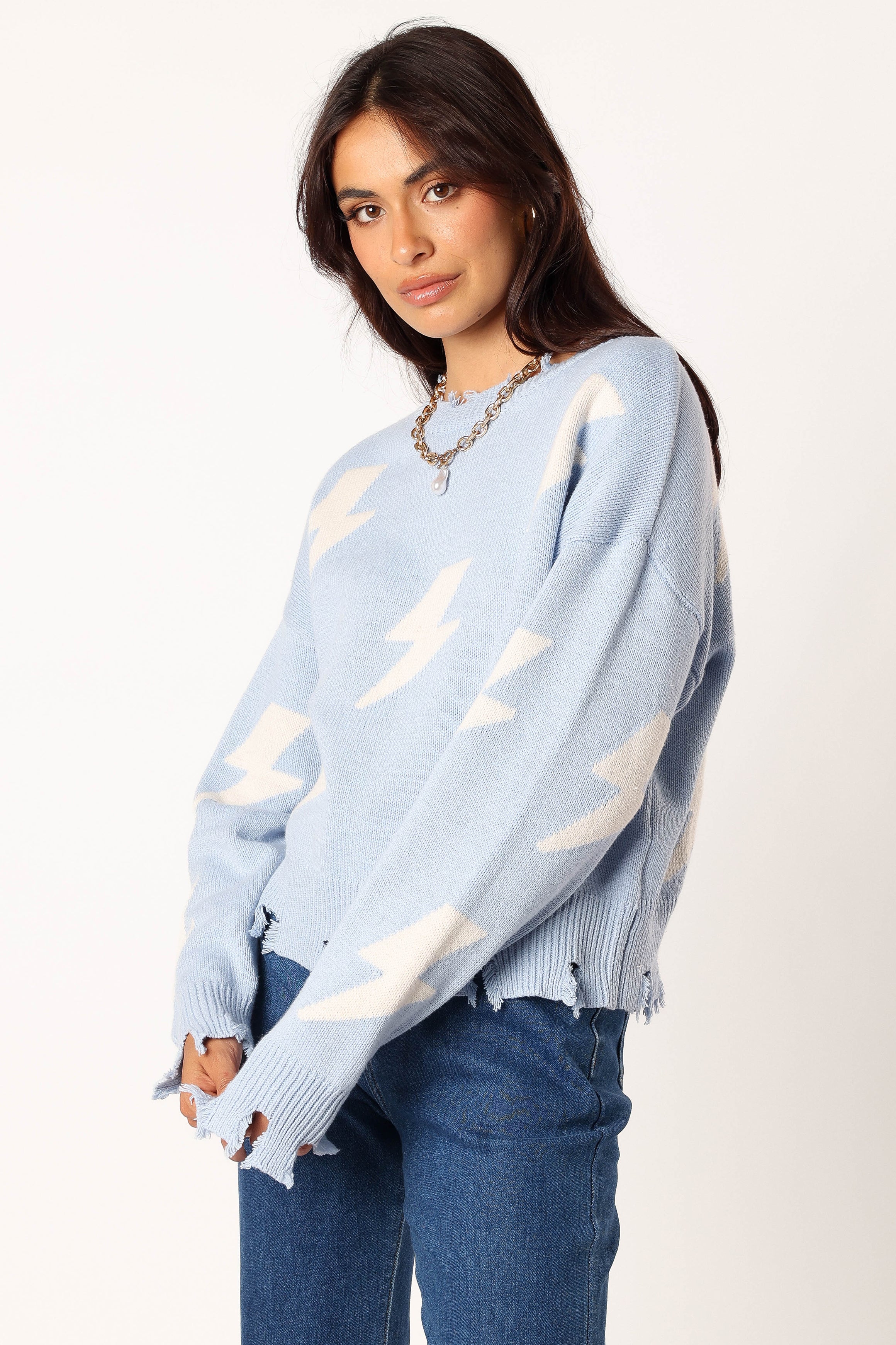 Lightning Bolt Printed Fray Detail Knit Sweater - Light Blue