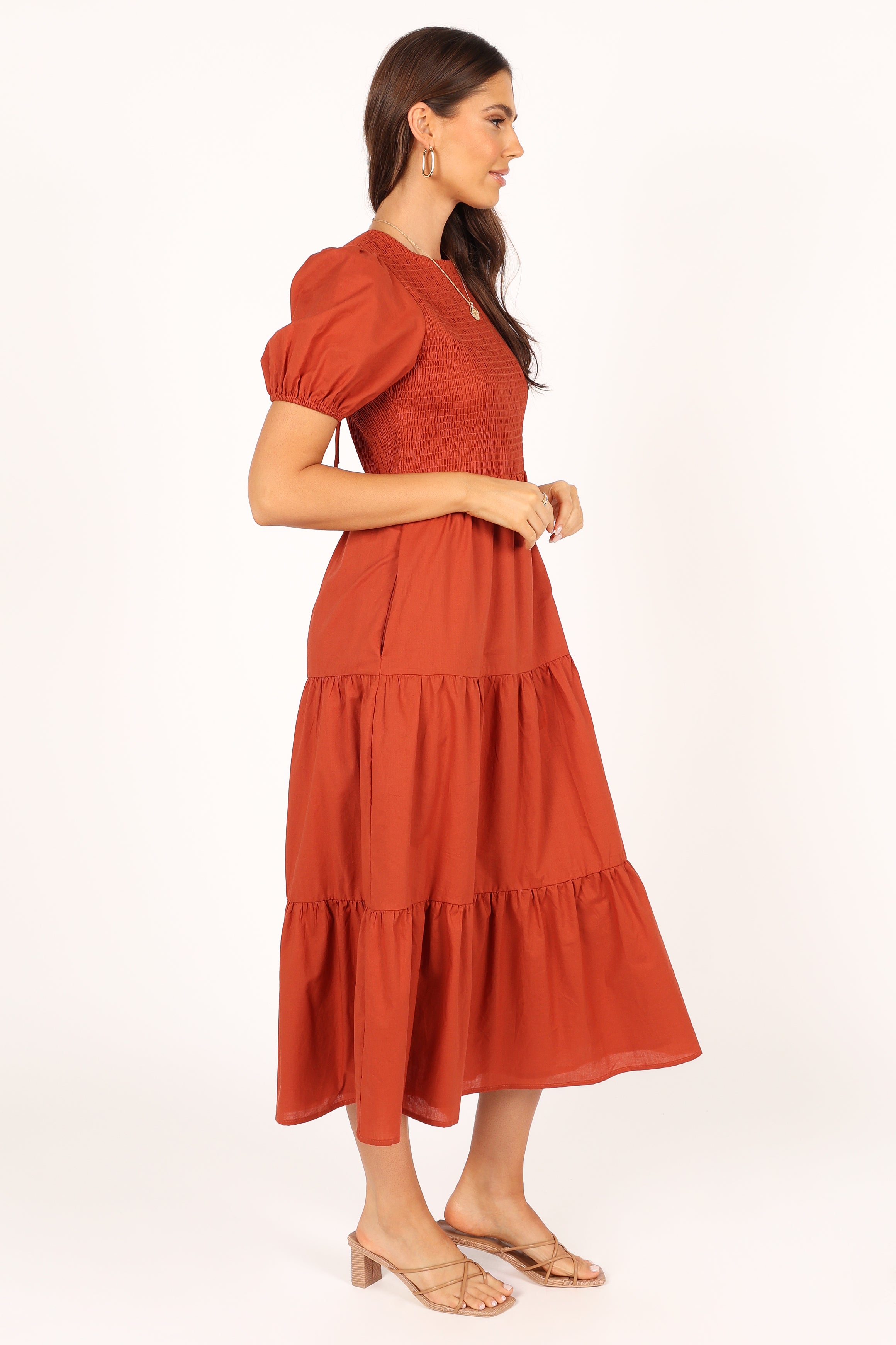 Naura Shirred Tiered Midi Dress - Rust