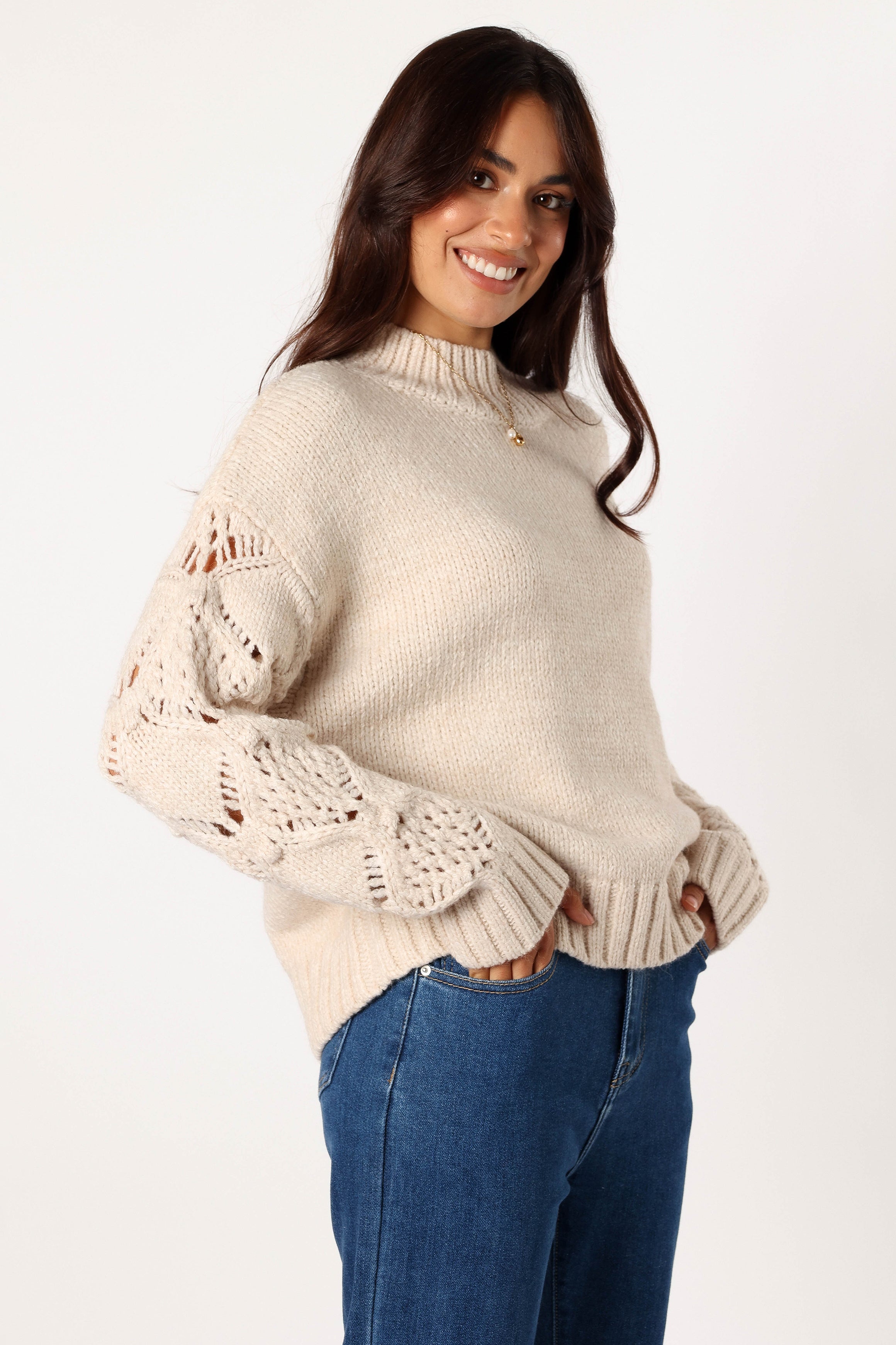 Rebekah Crochet Sleeve Knit Sweater - Cream