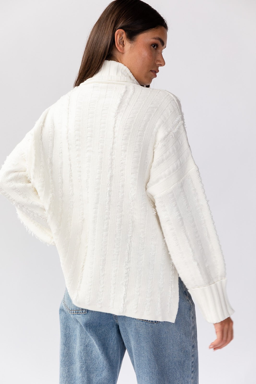 Dana Turtleneck Fringe Knit Sweater - White