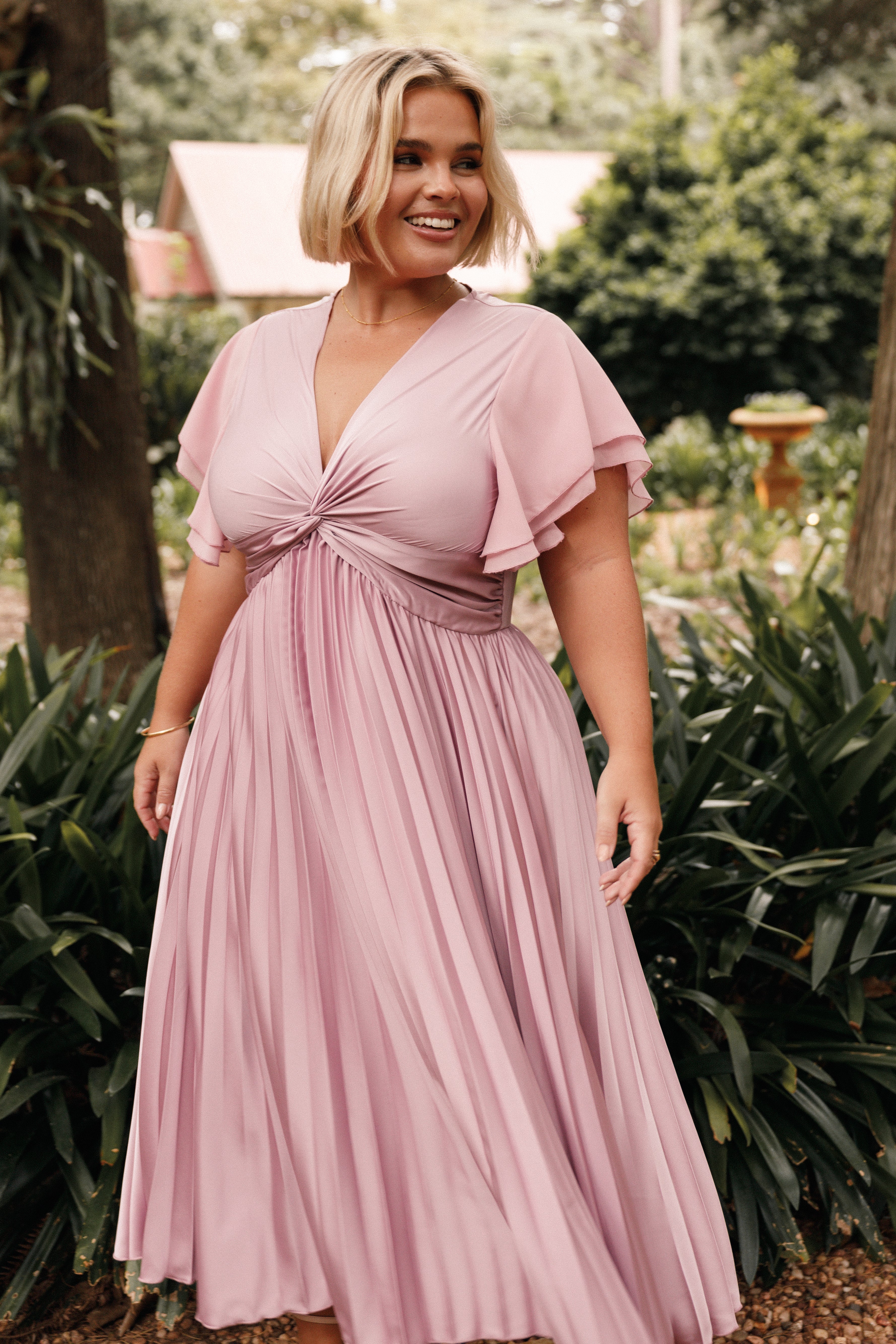 Nova Flutter Sleeve Midi Dress - Dusty Rose