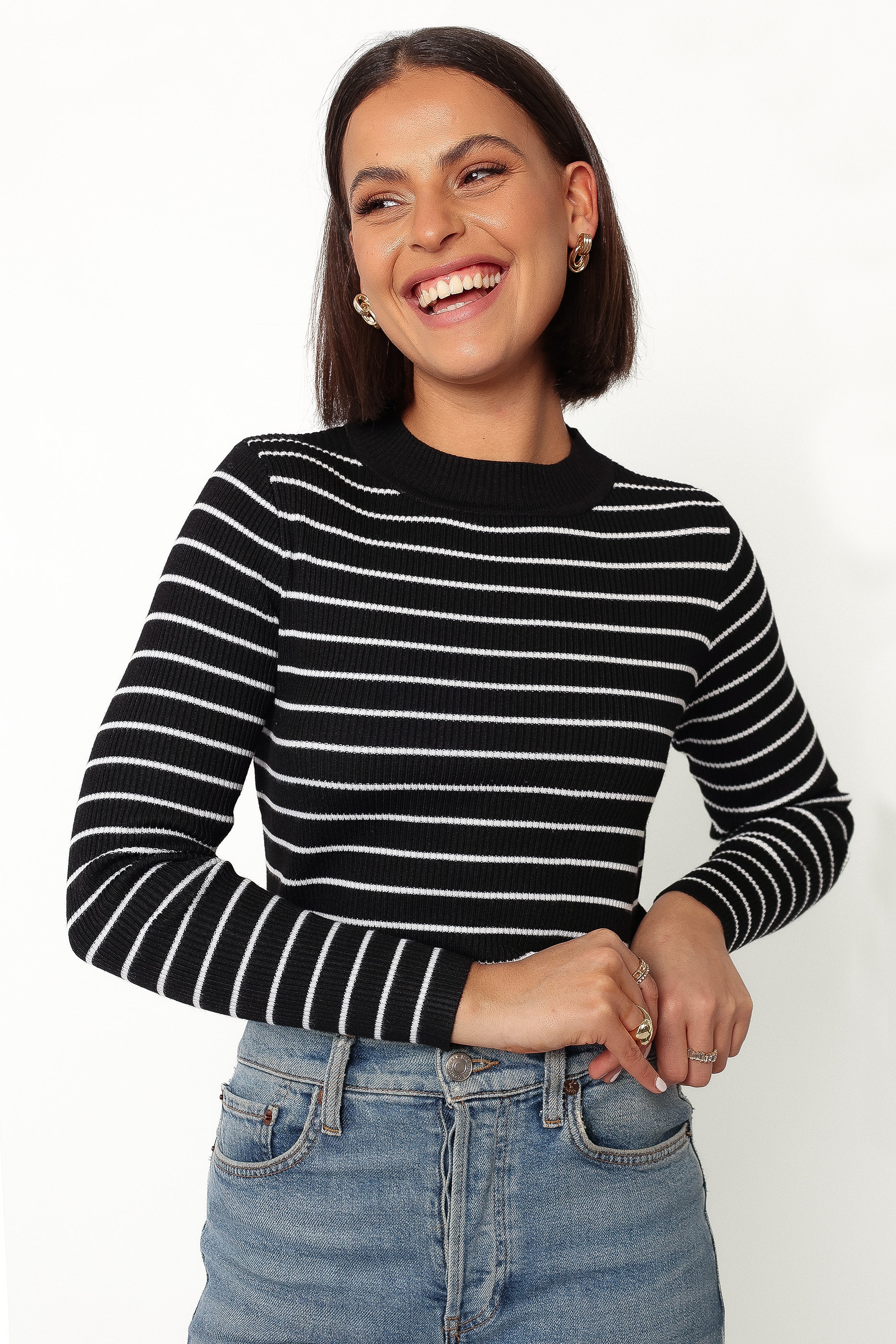 Stacie Ribbed Knit Top - Black Stripe