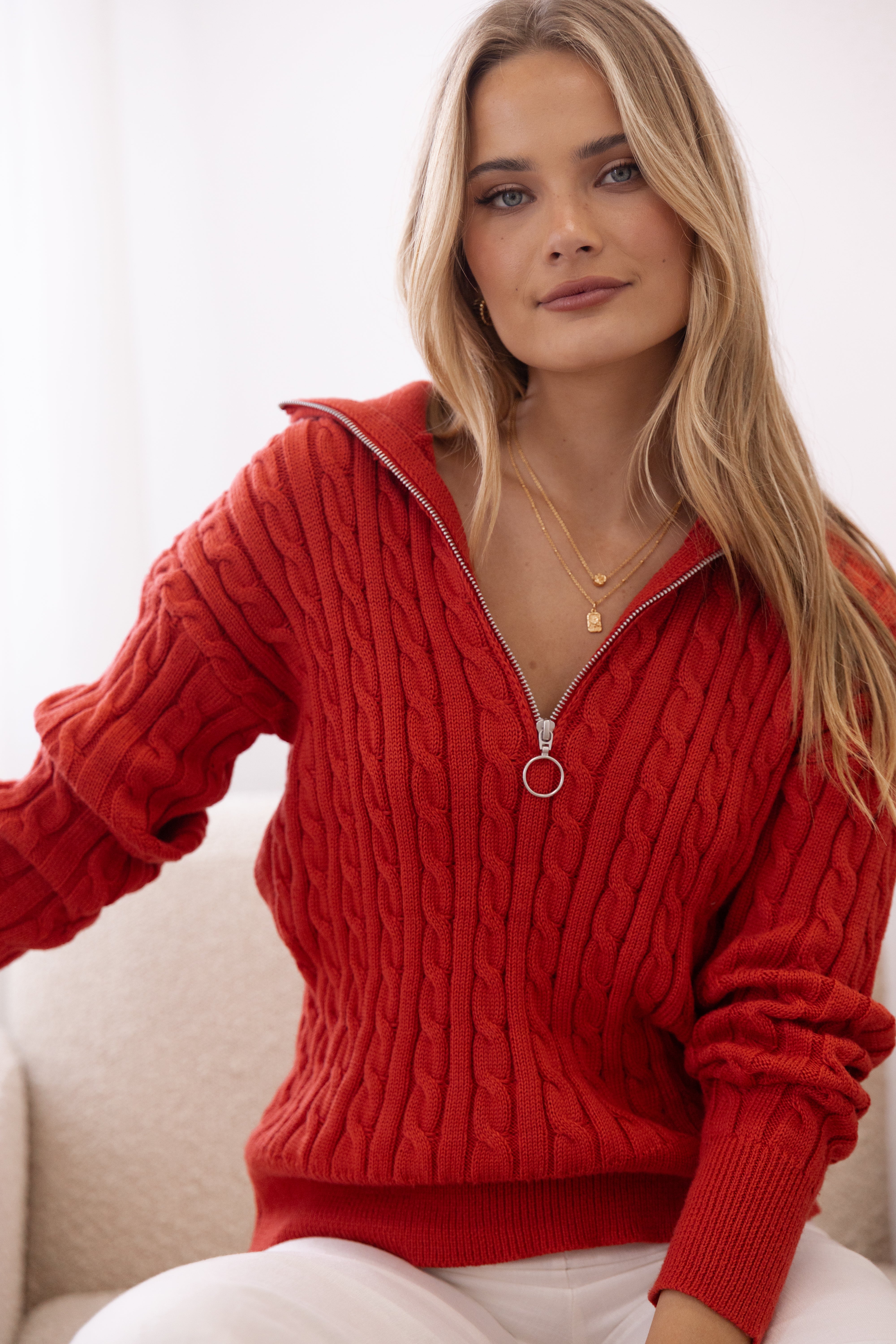 Frida Quarter Zip Knit Sweater - Red