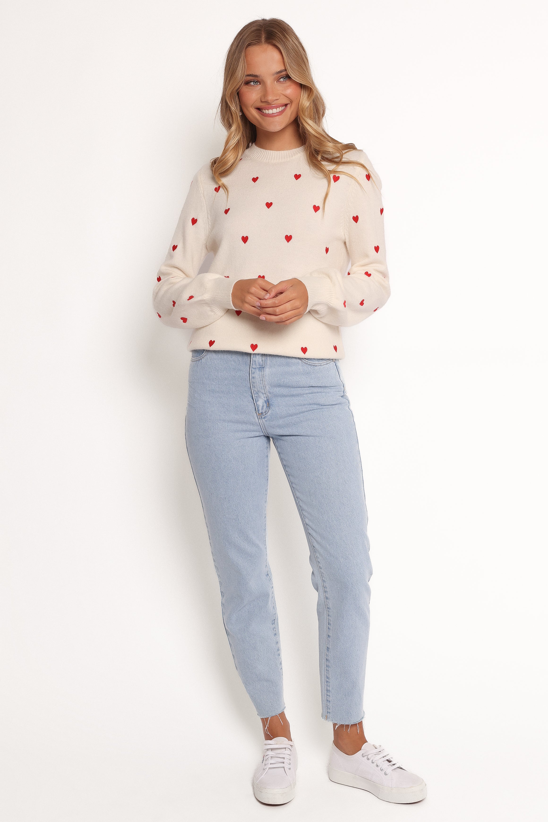 Xadie All Over Mini Heart Sweater - Cream/Red