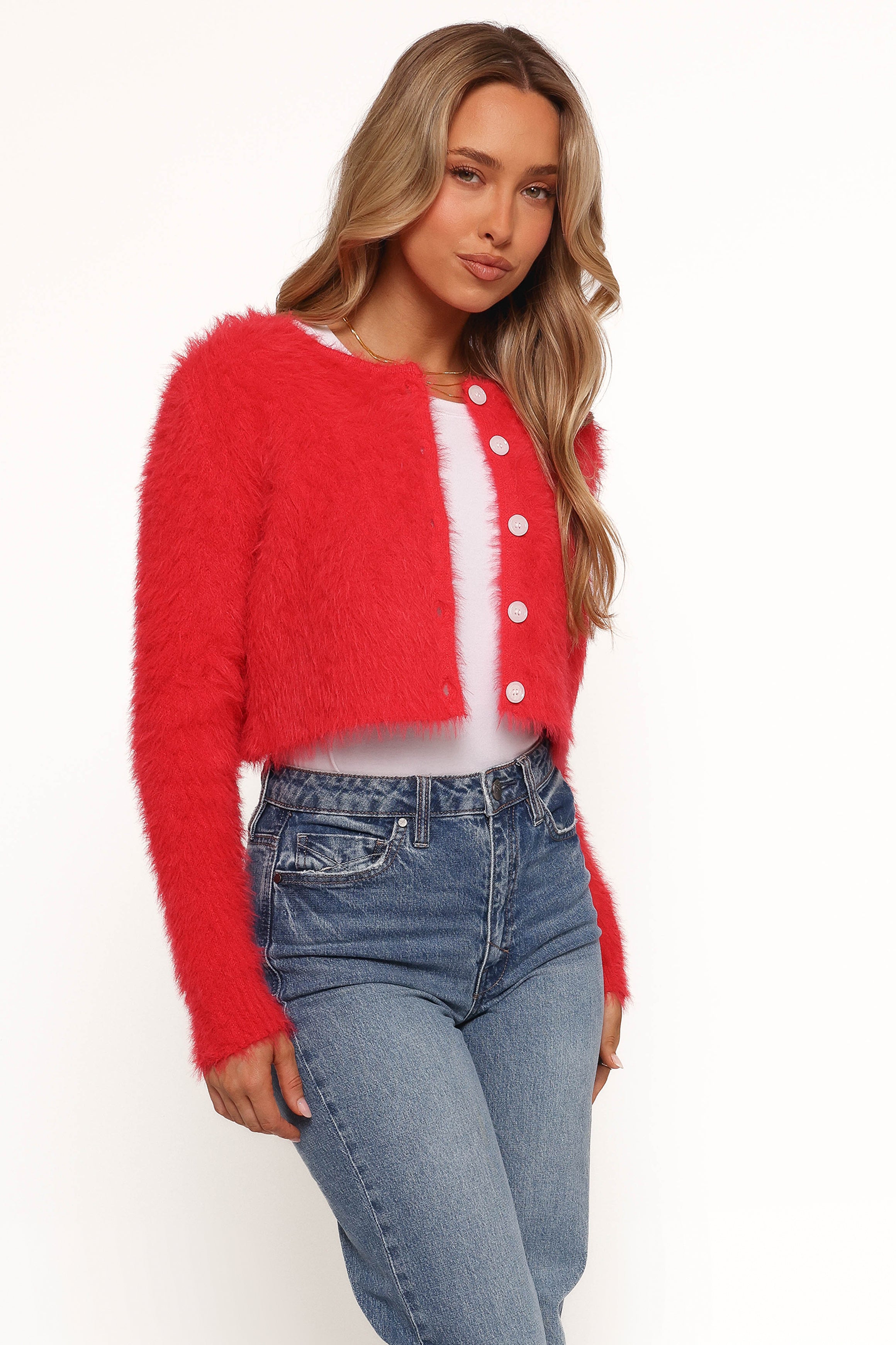 Tavan Crop Button Front Cardigan - Red