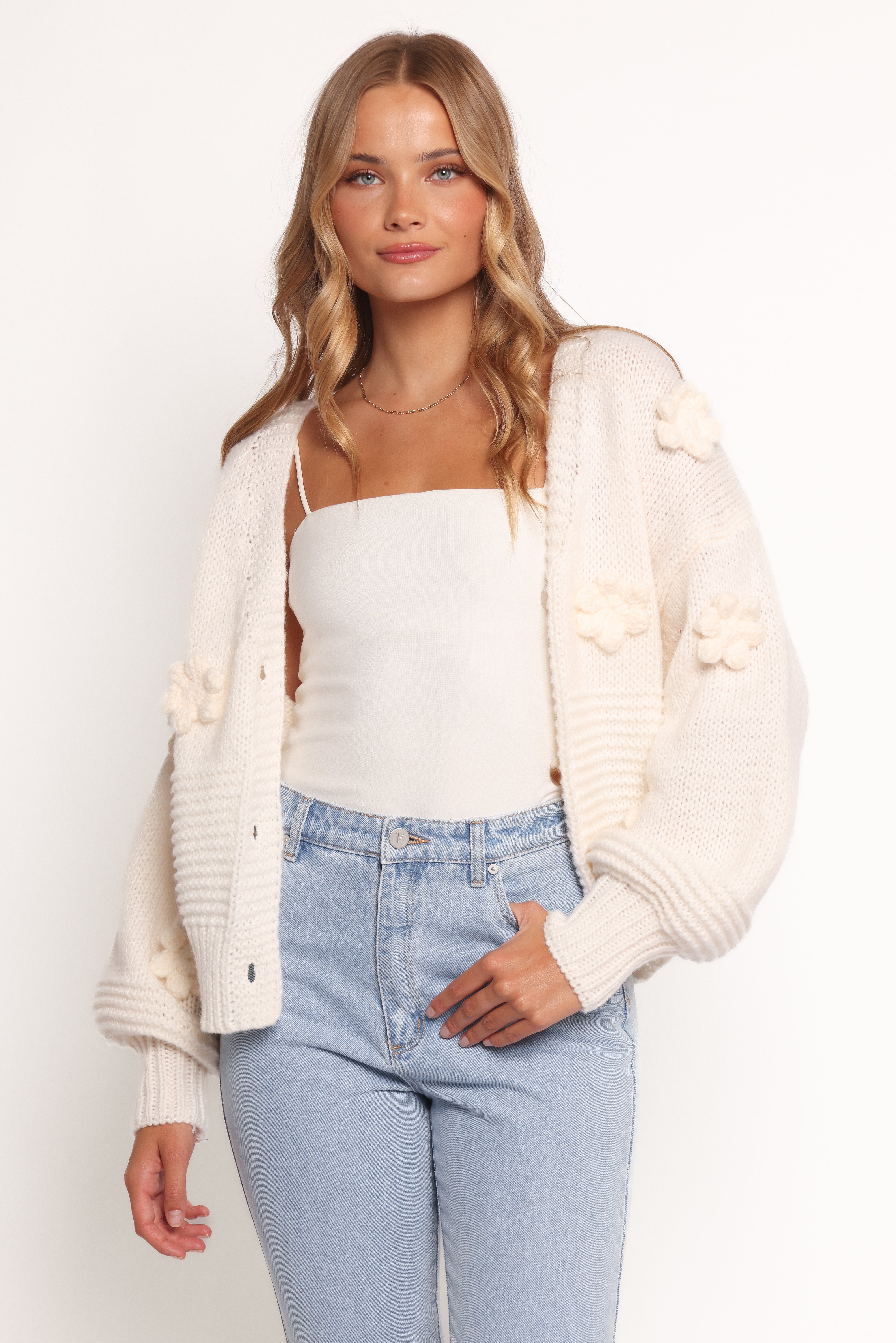 Harlee Flower Cardigan - White