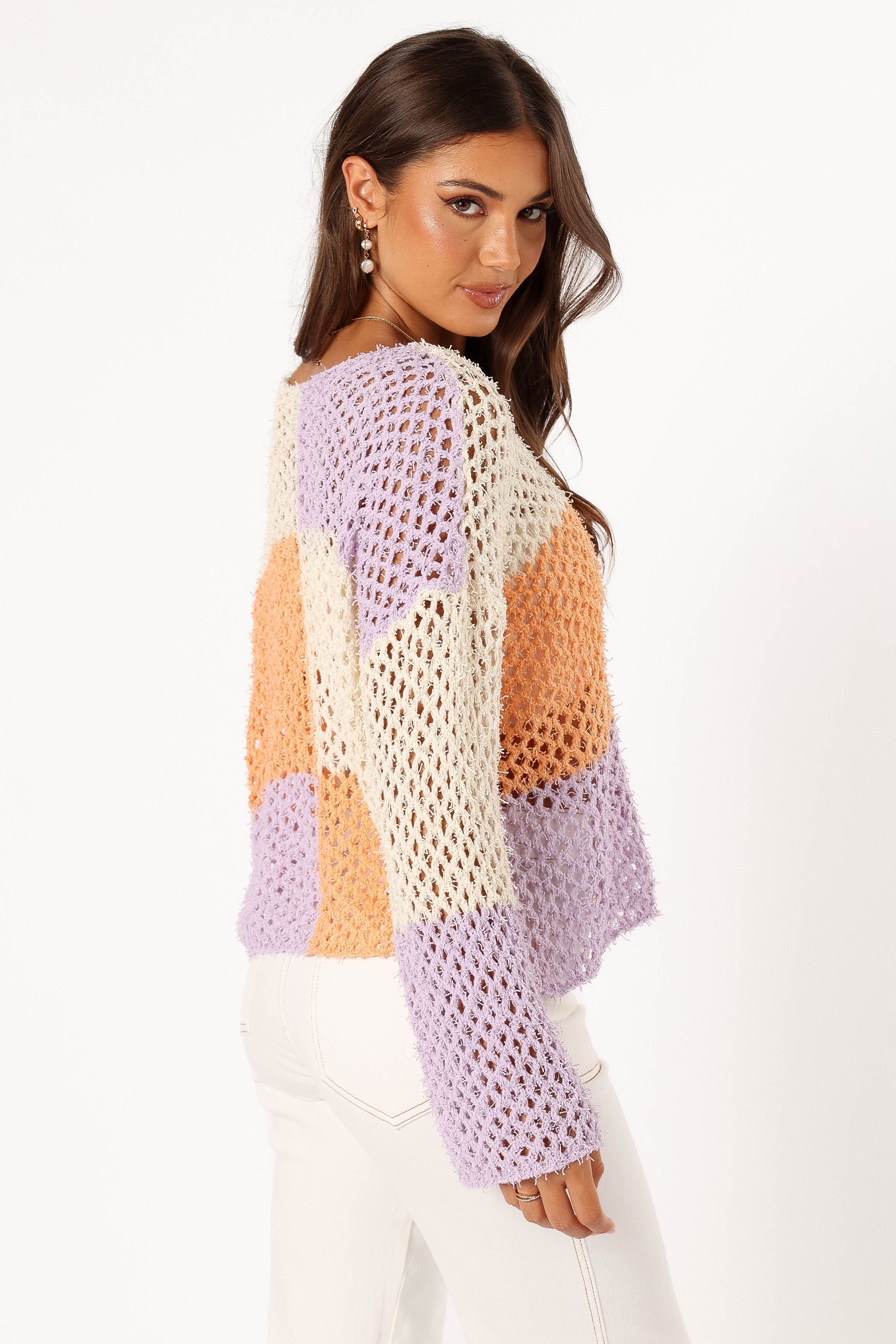 Dawn Color Block Knit Sweater - Cream Lavender