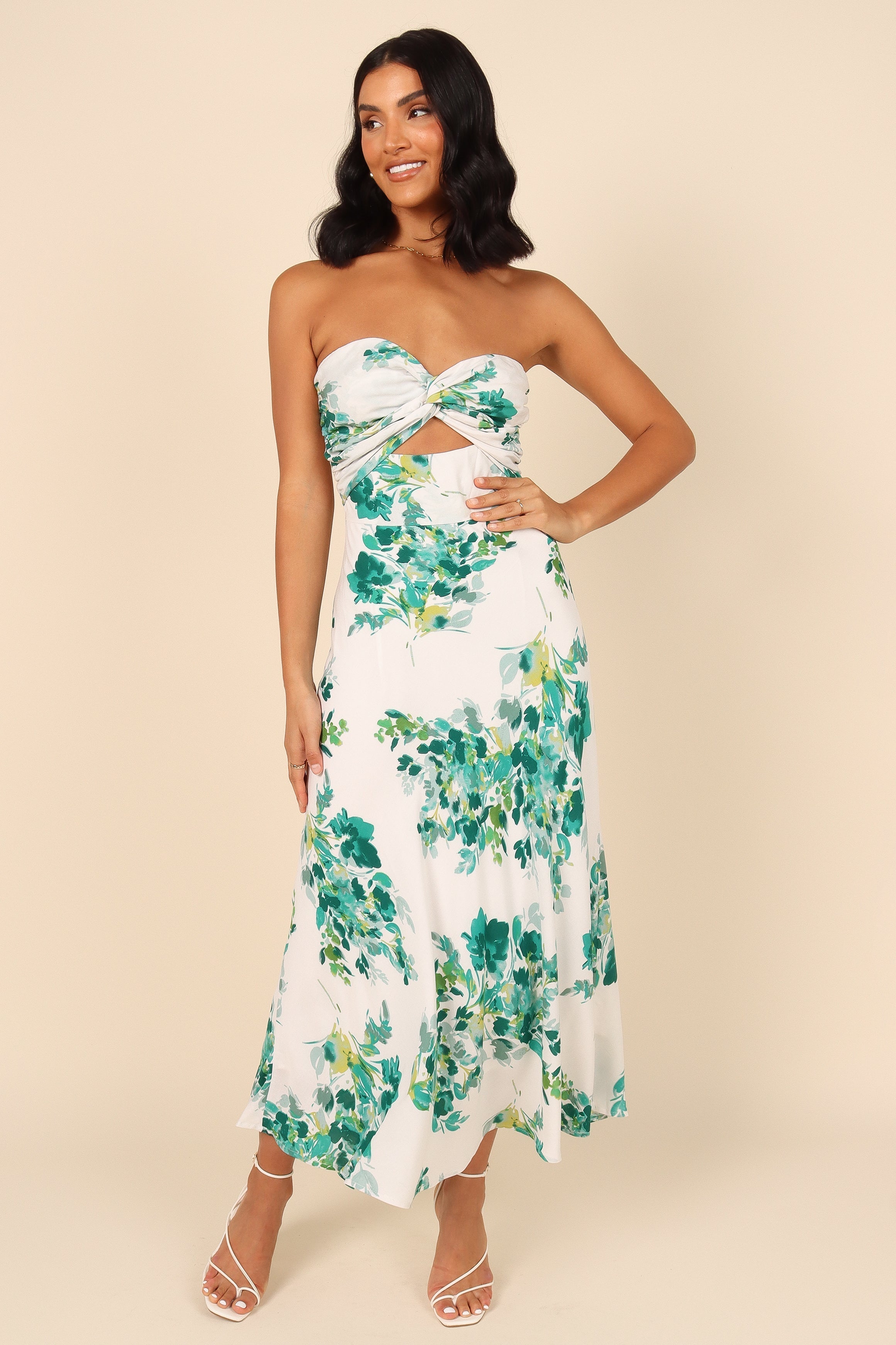 Teagan Strapless Midi Dress - Green Floral