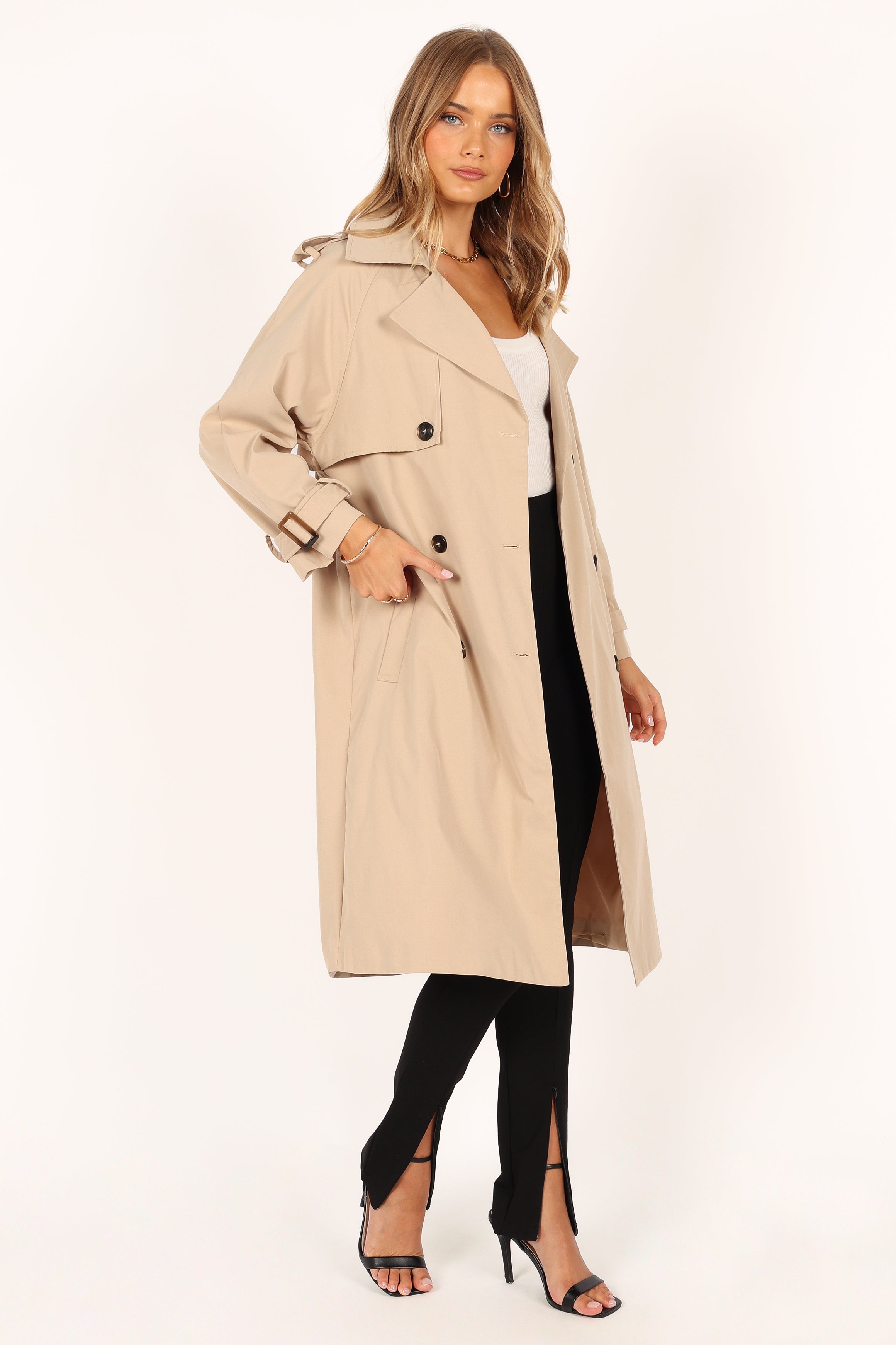 Trina Button Front Trench Coat - Beige