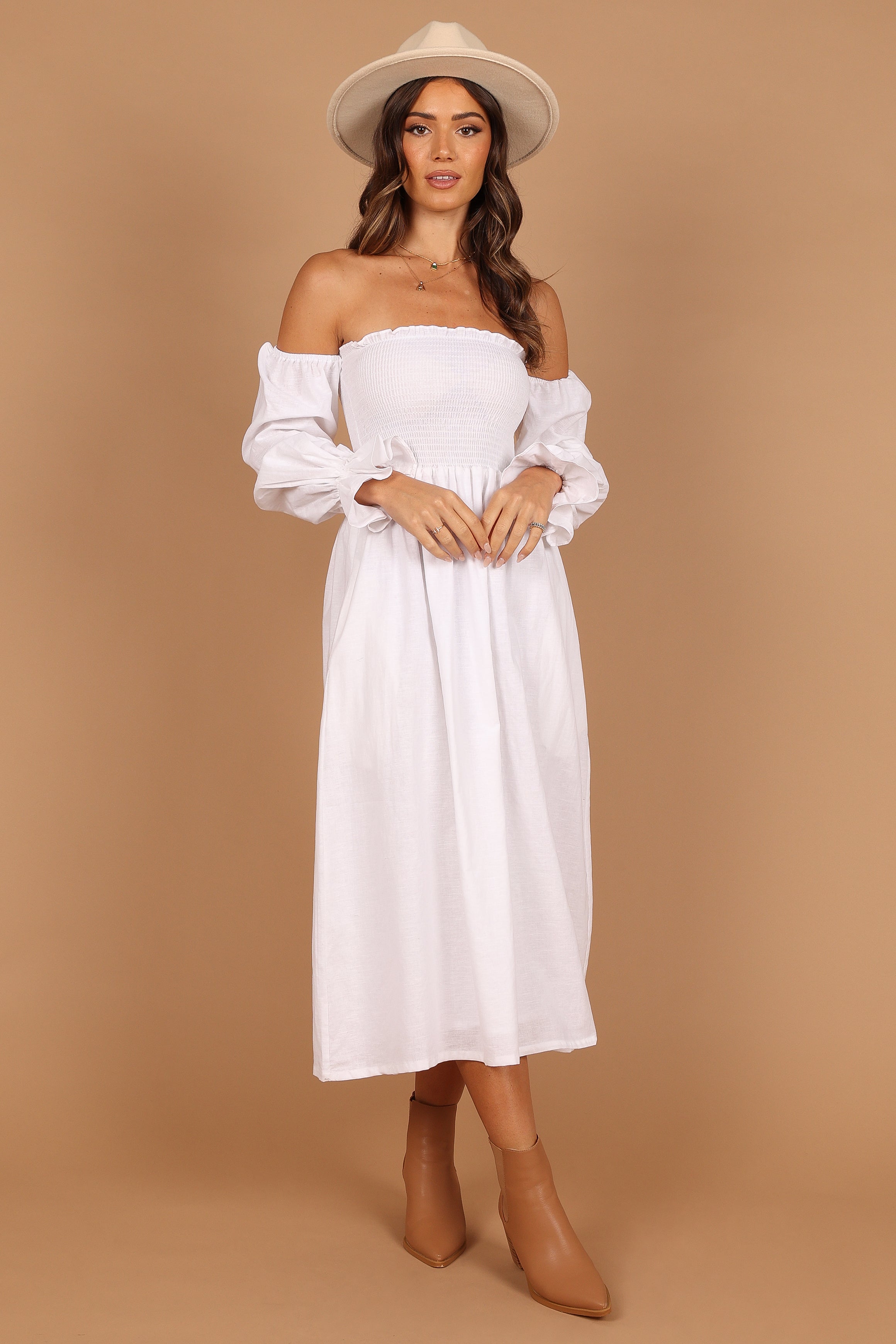 Domenica Shirred Long Sleeve Midi Dress - White