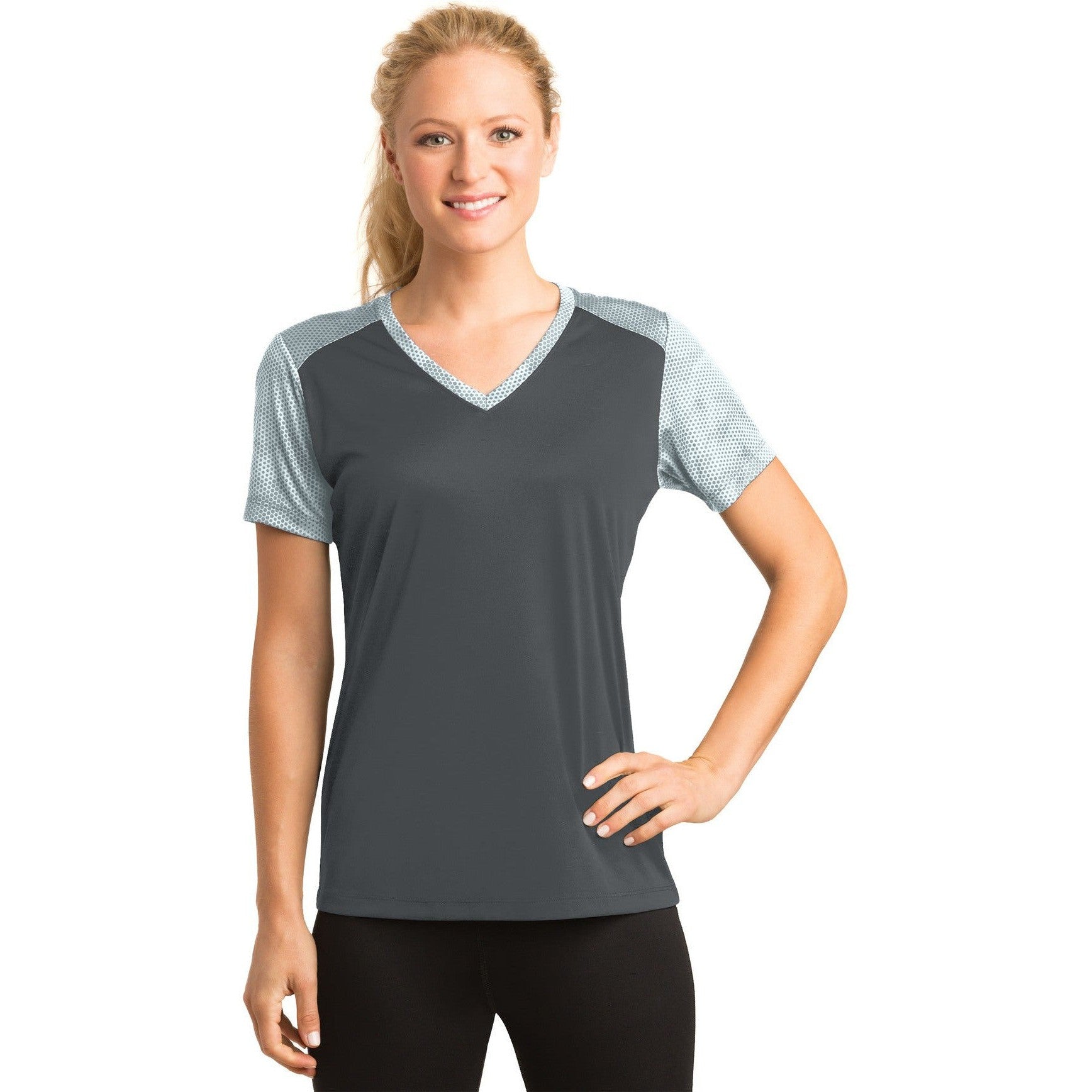 CLOSEOUT - Sport-Tek Ladies CamoHex Colorblock V-Neck Tee