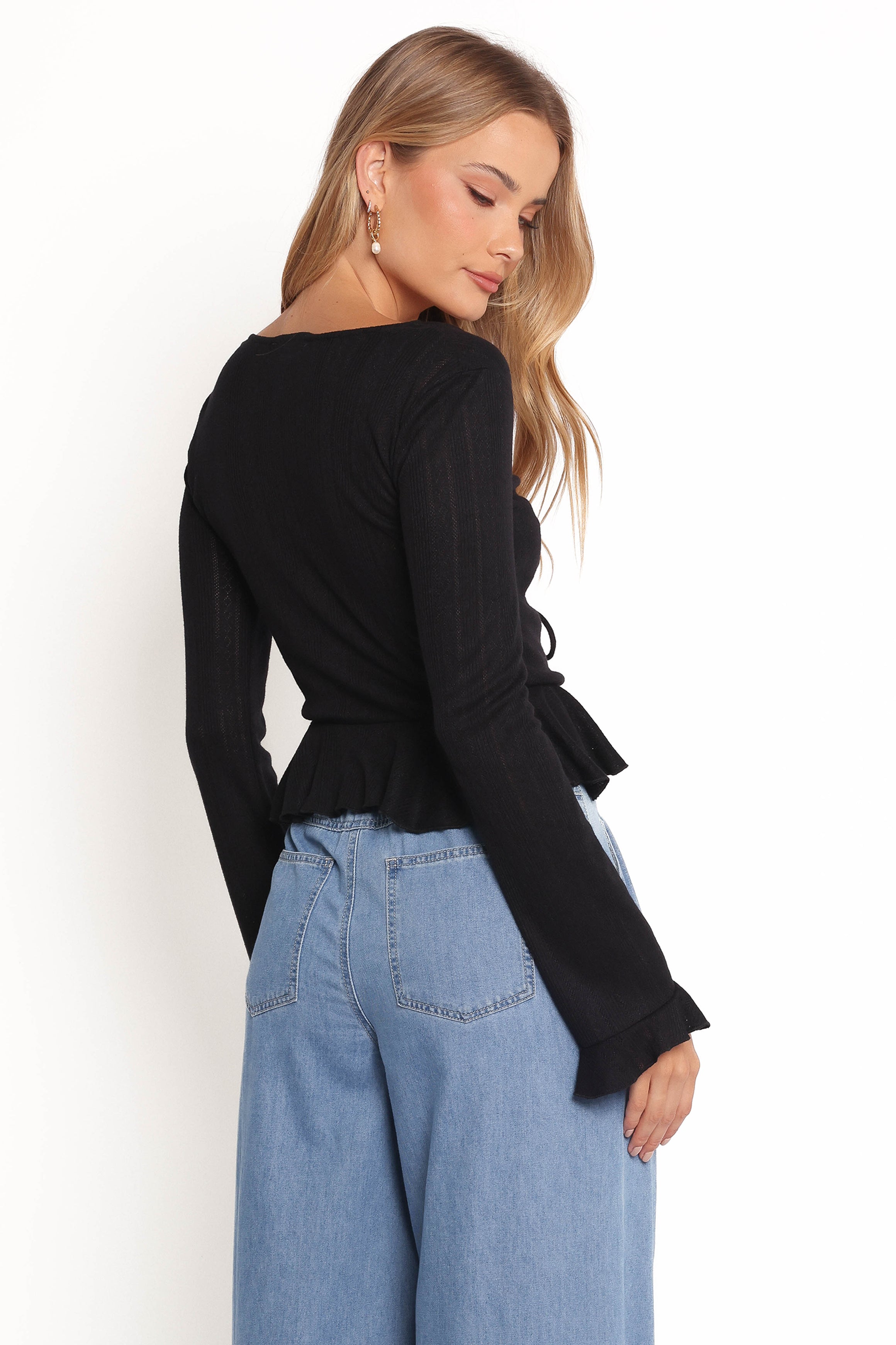 Islah Pointelle Cardigan Top - Black