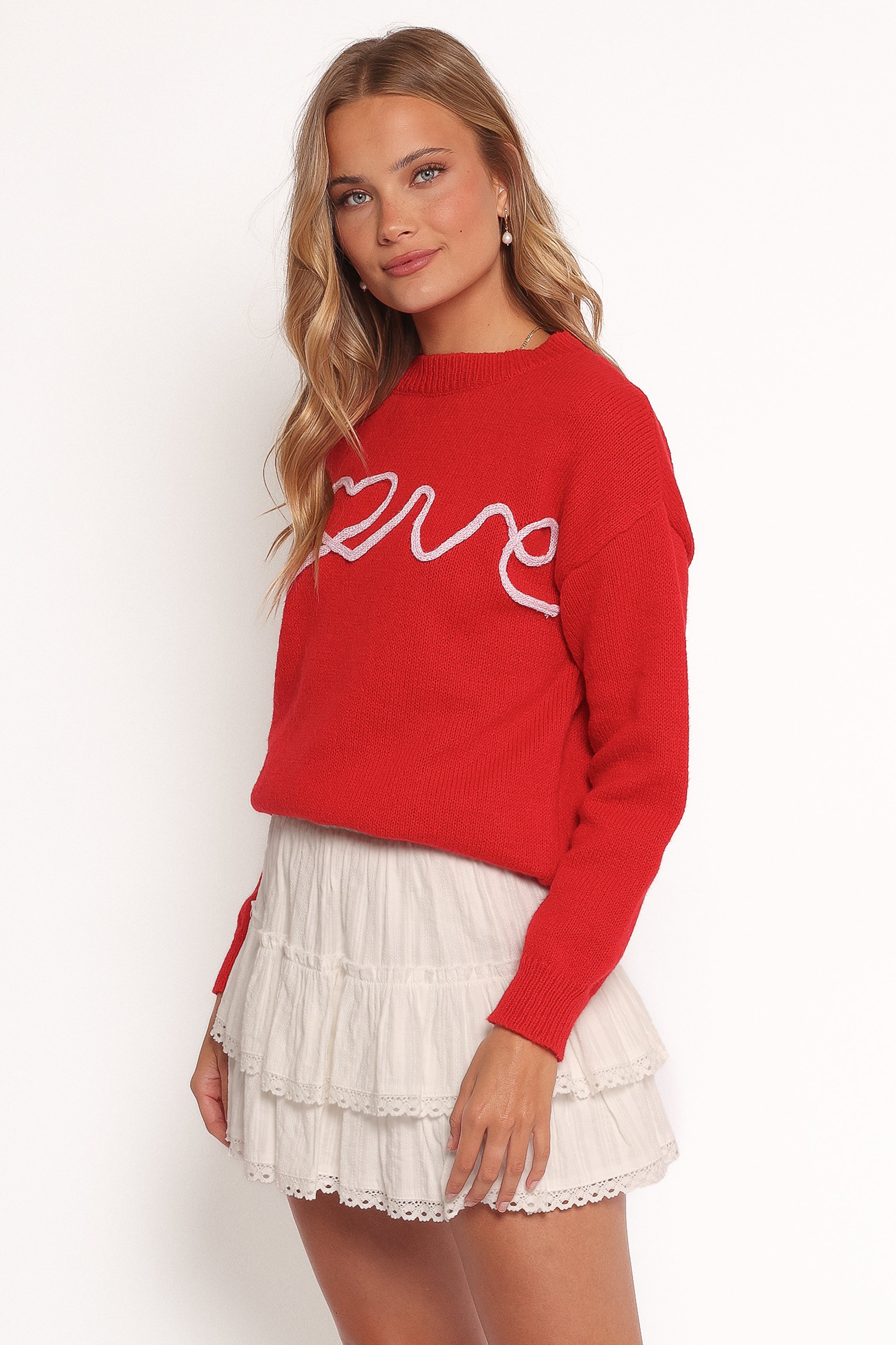 Love Embroidered Knit Sweater - Red