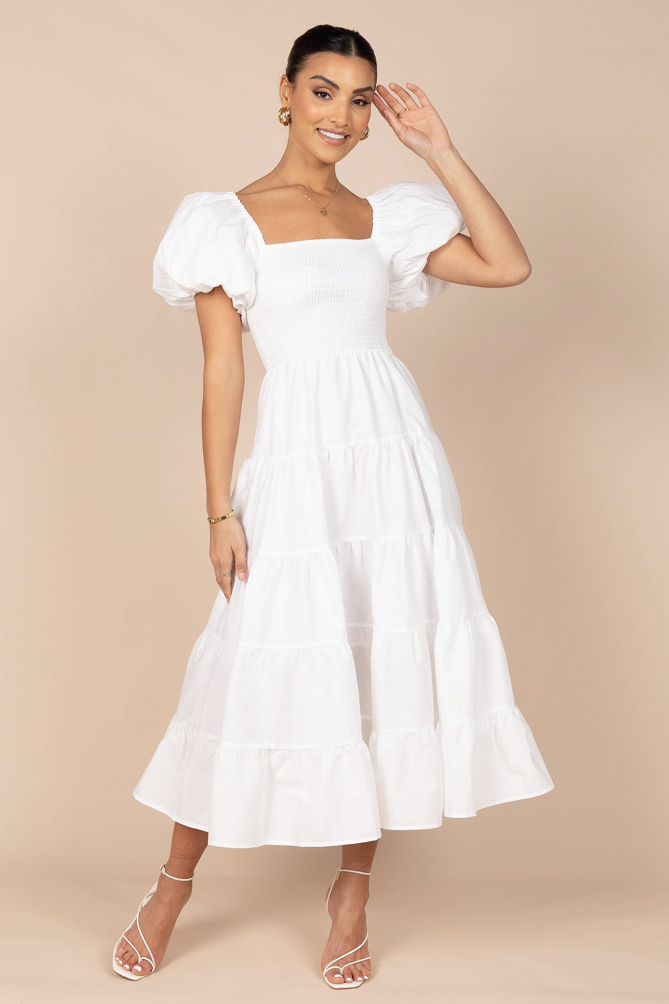 Annette Puff Sleeve Shirred Midi Dress - White