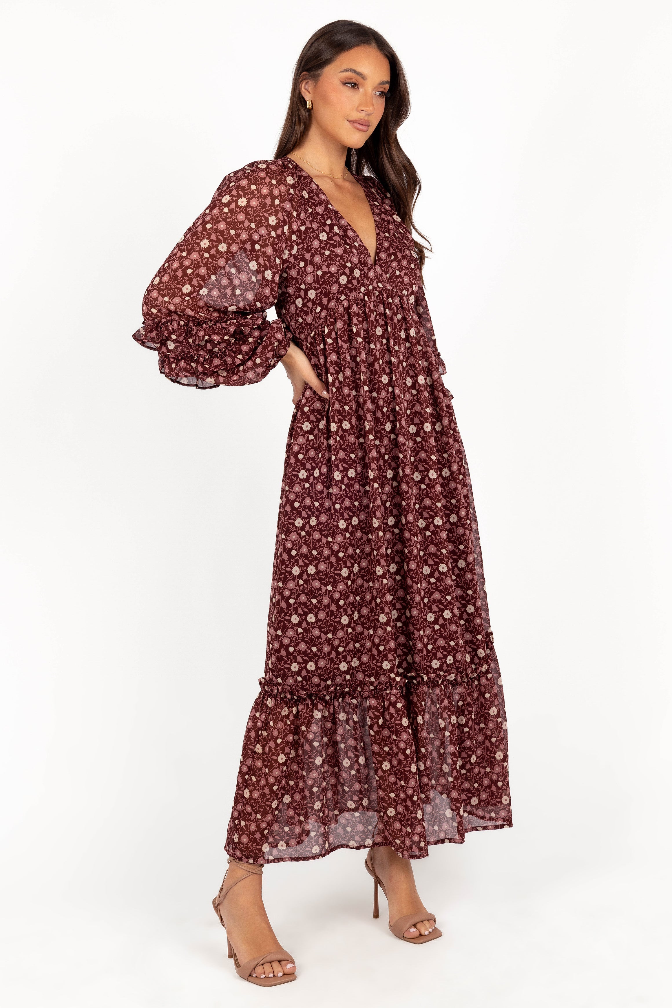 Evian Long Sleeve Maxi Dress - Burgundy Multi