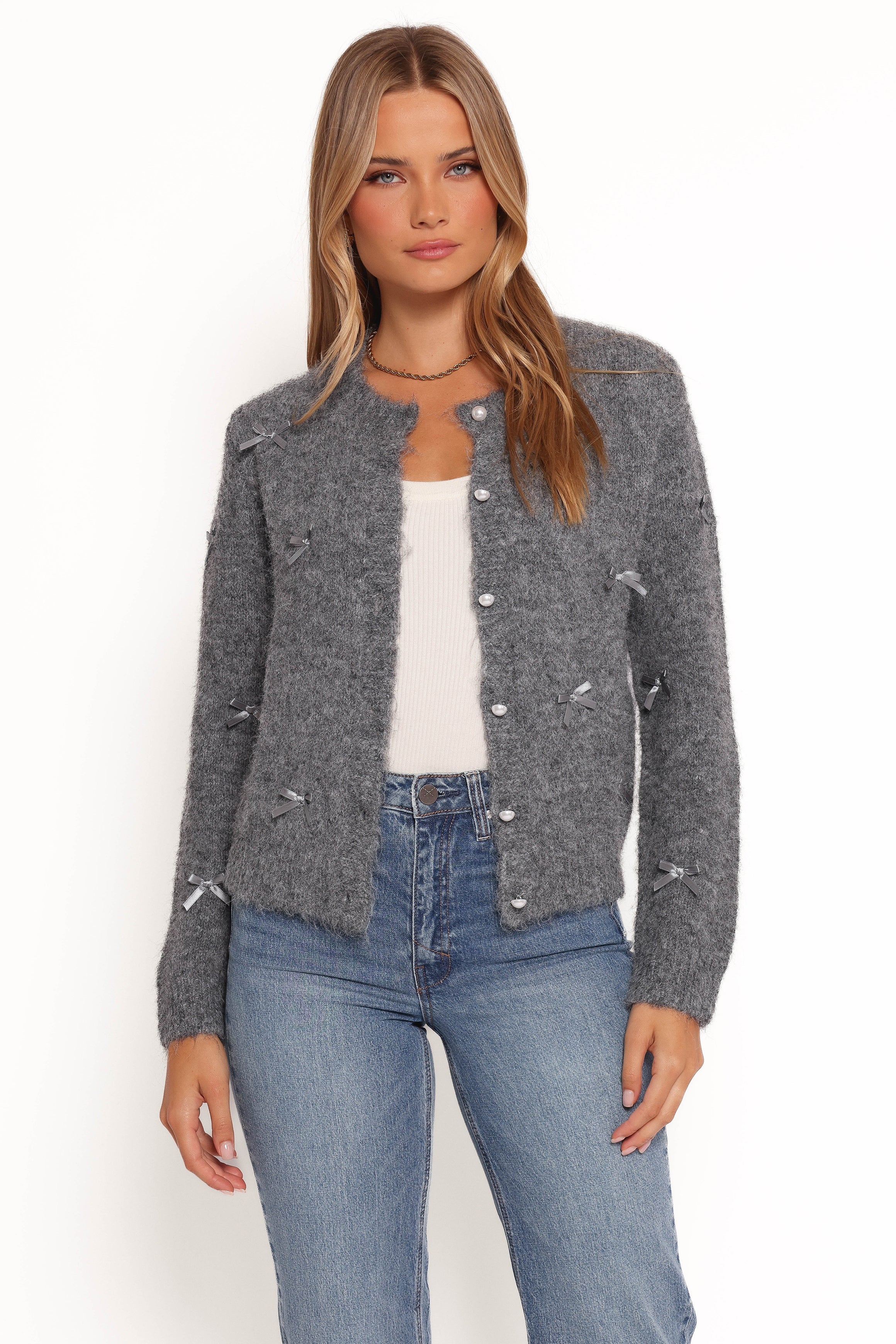 Mellie All Over Bow Button Front Cardigan - Grey