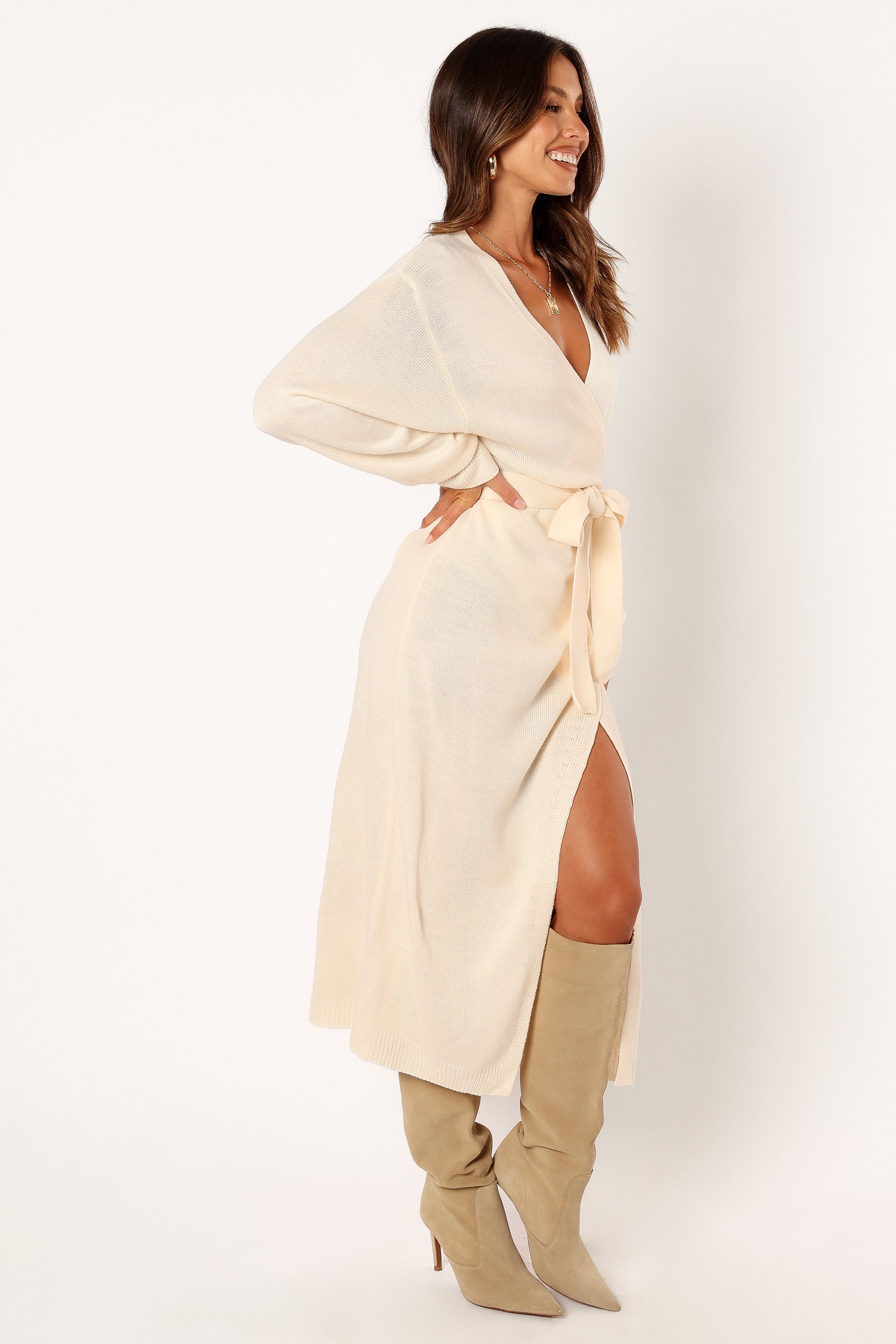 Nova Wrap Knit Midi Dress - Taupe