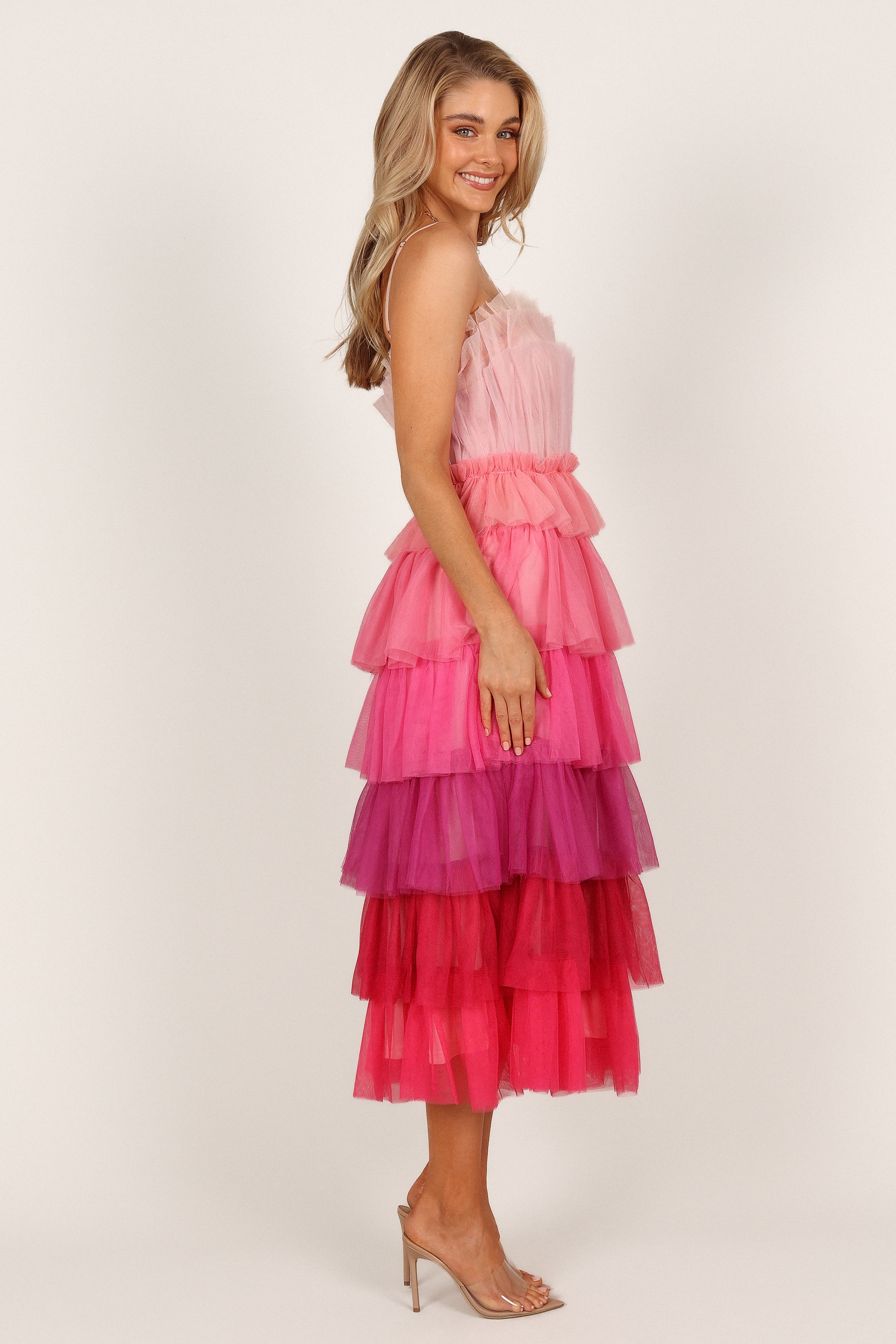 Minnie Tiered Tulle Midi Dress - Pink