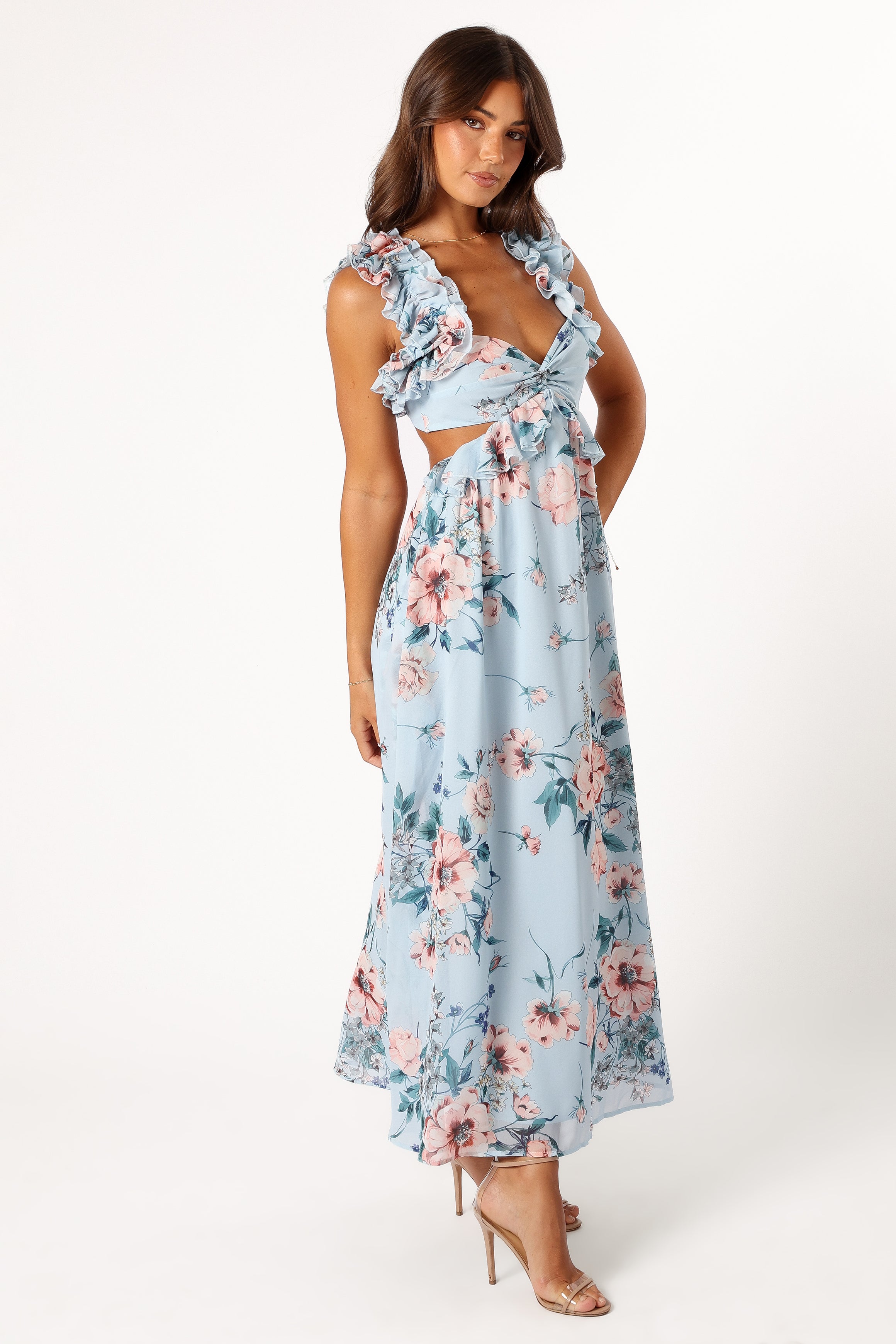 Lucah Frill Shoulder Maxi Dress - Blue Floral