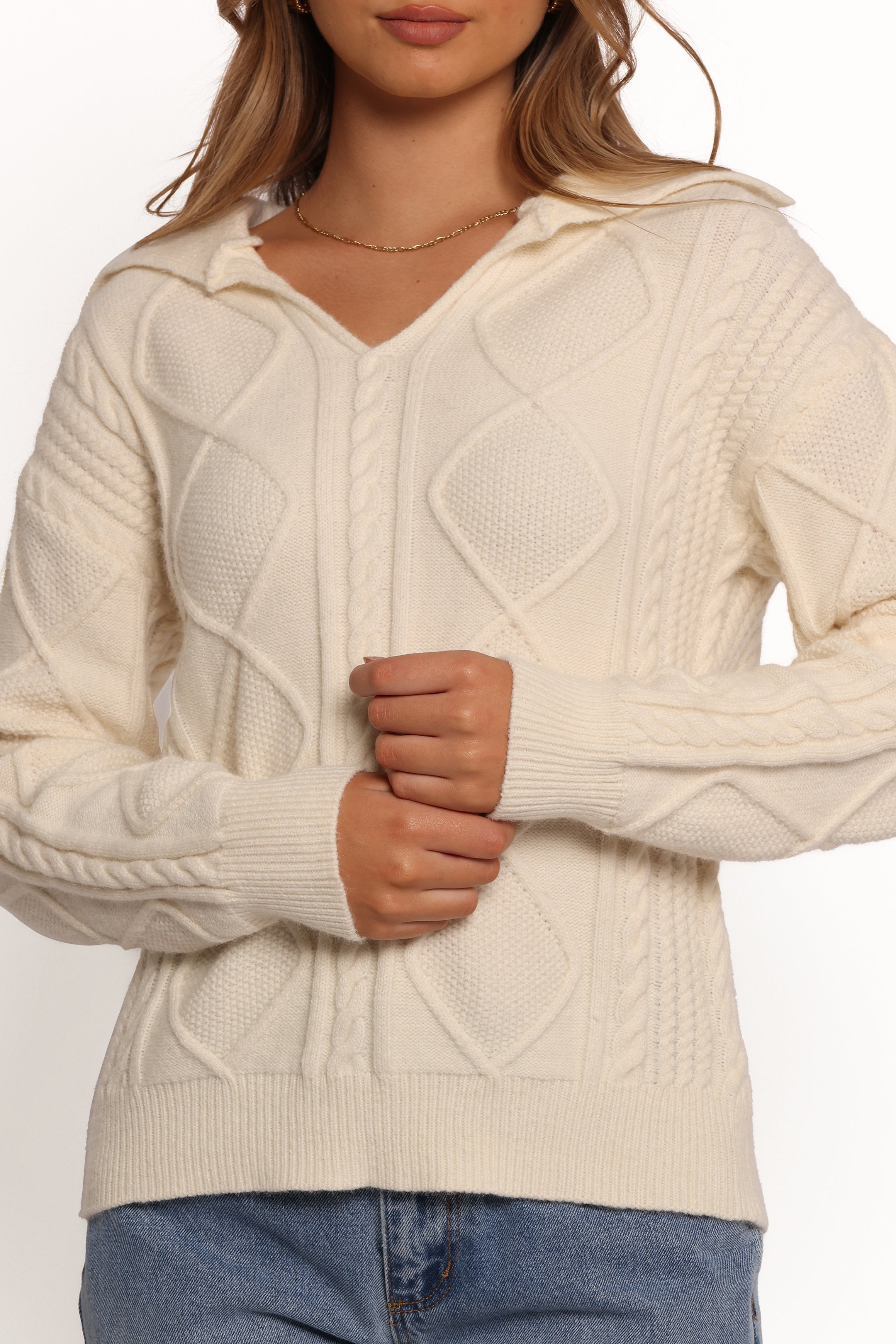 Robbie Collar Neck Cable Knit Sweater - Cream