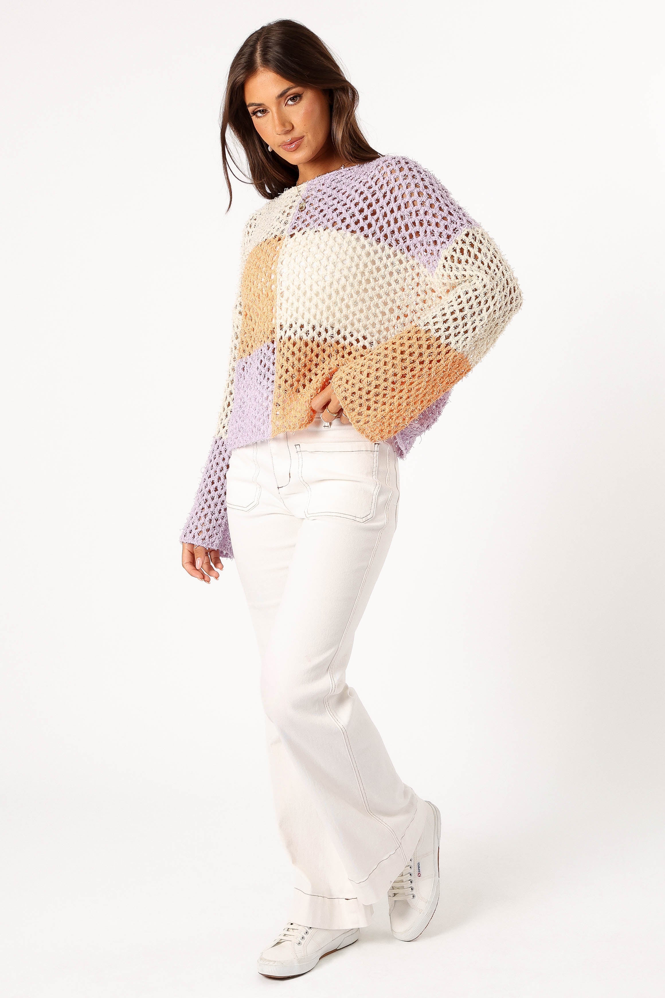 Dawn Color Block Knit Sweater - Cream Lavender