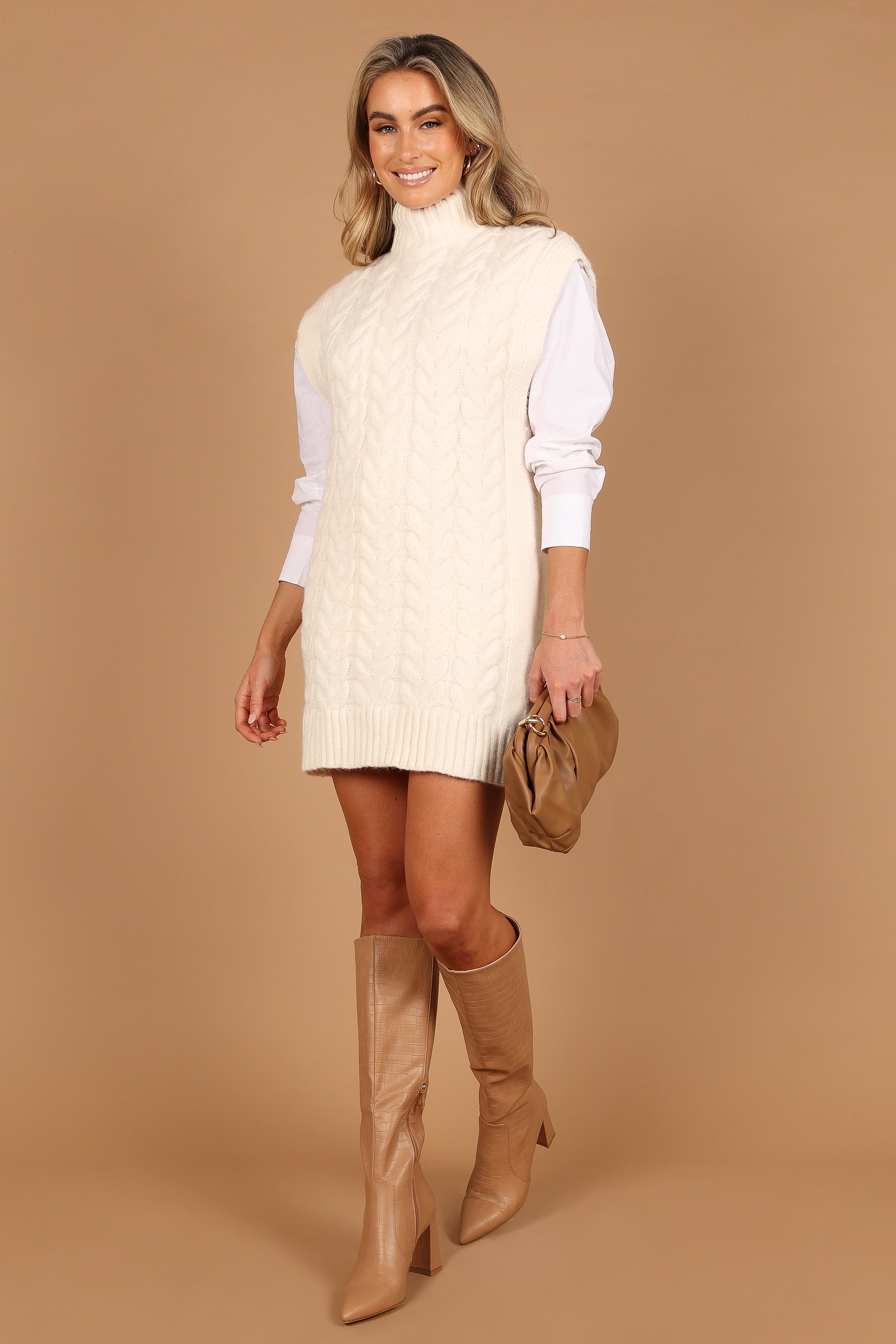 Cozette Turtle Neck Sleeveless Mini Knit Dress - Cream