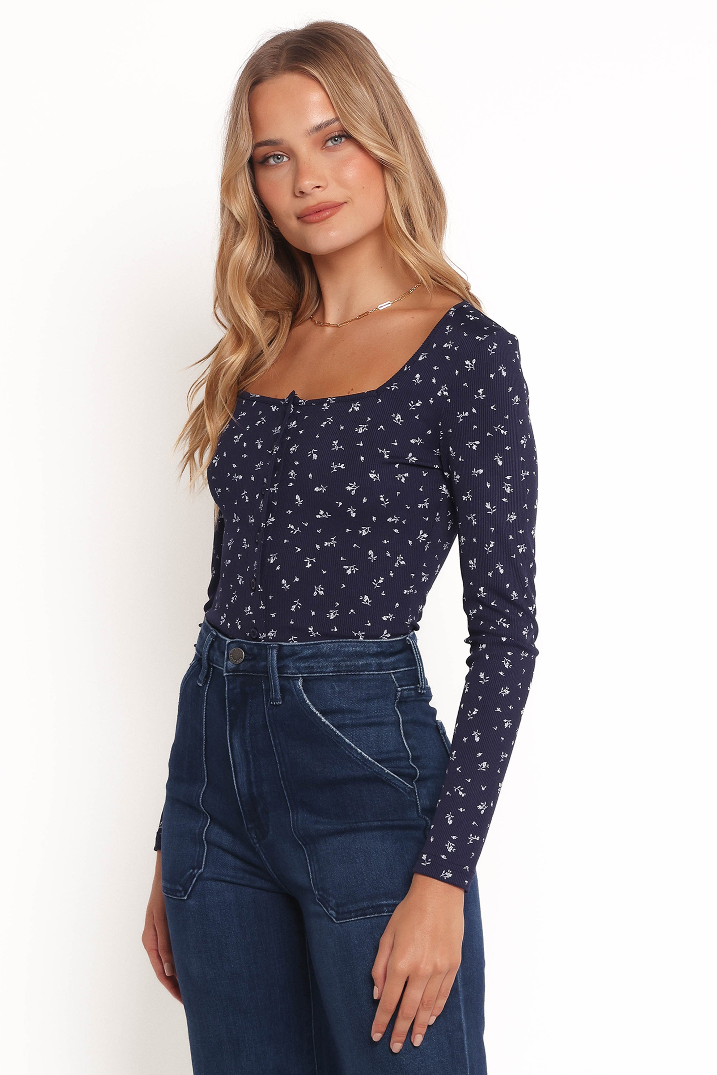 Keanu Long Sleeve Top - Navy Ditsy