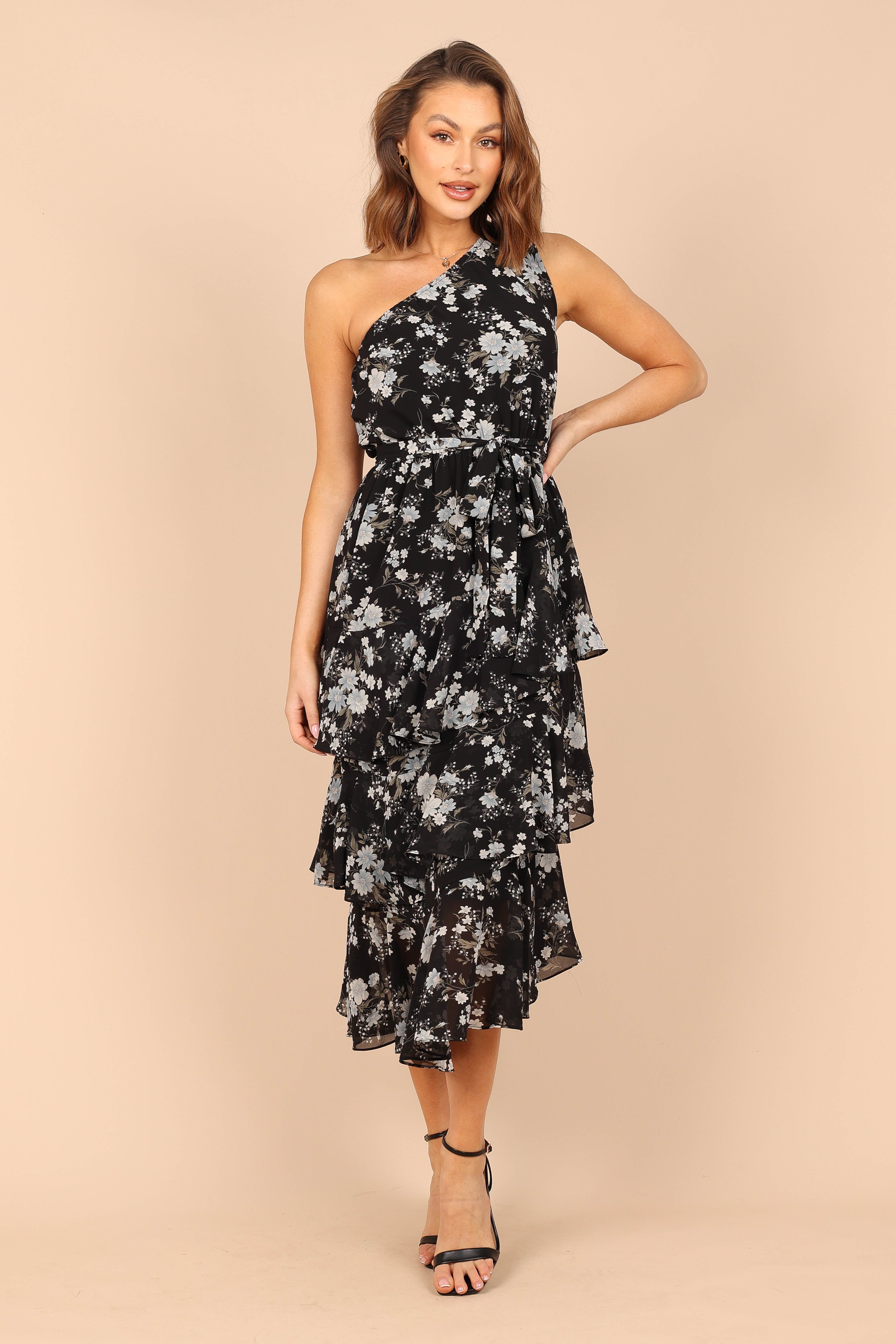 Brigette One Shoulder Tiered Midi Dress - Black Floral