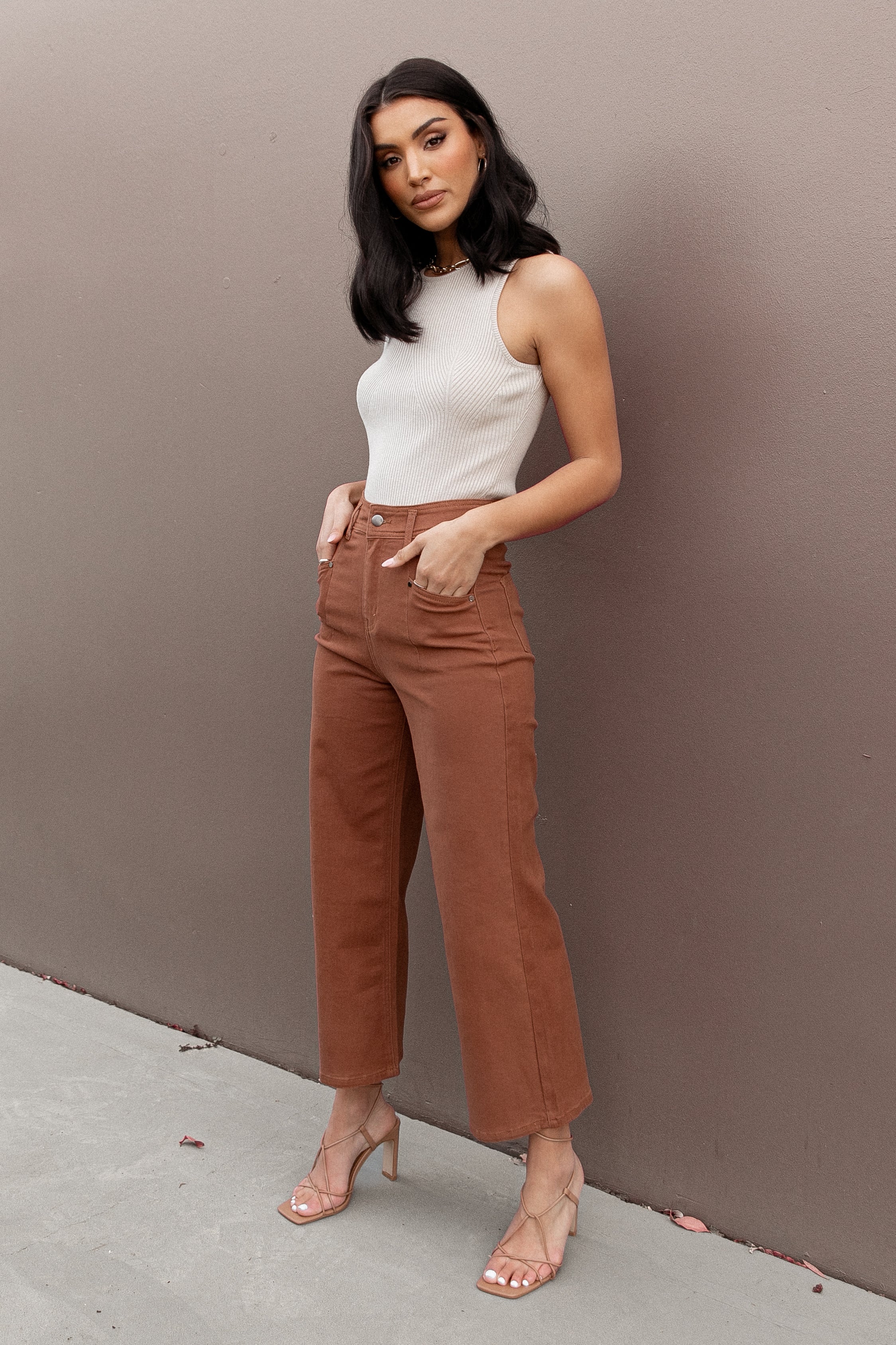 Georgette High Waisted Straight Leg Pants - Brown