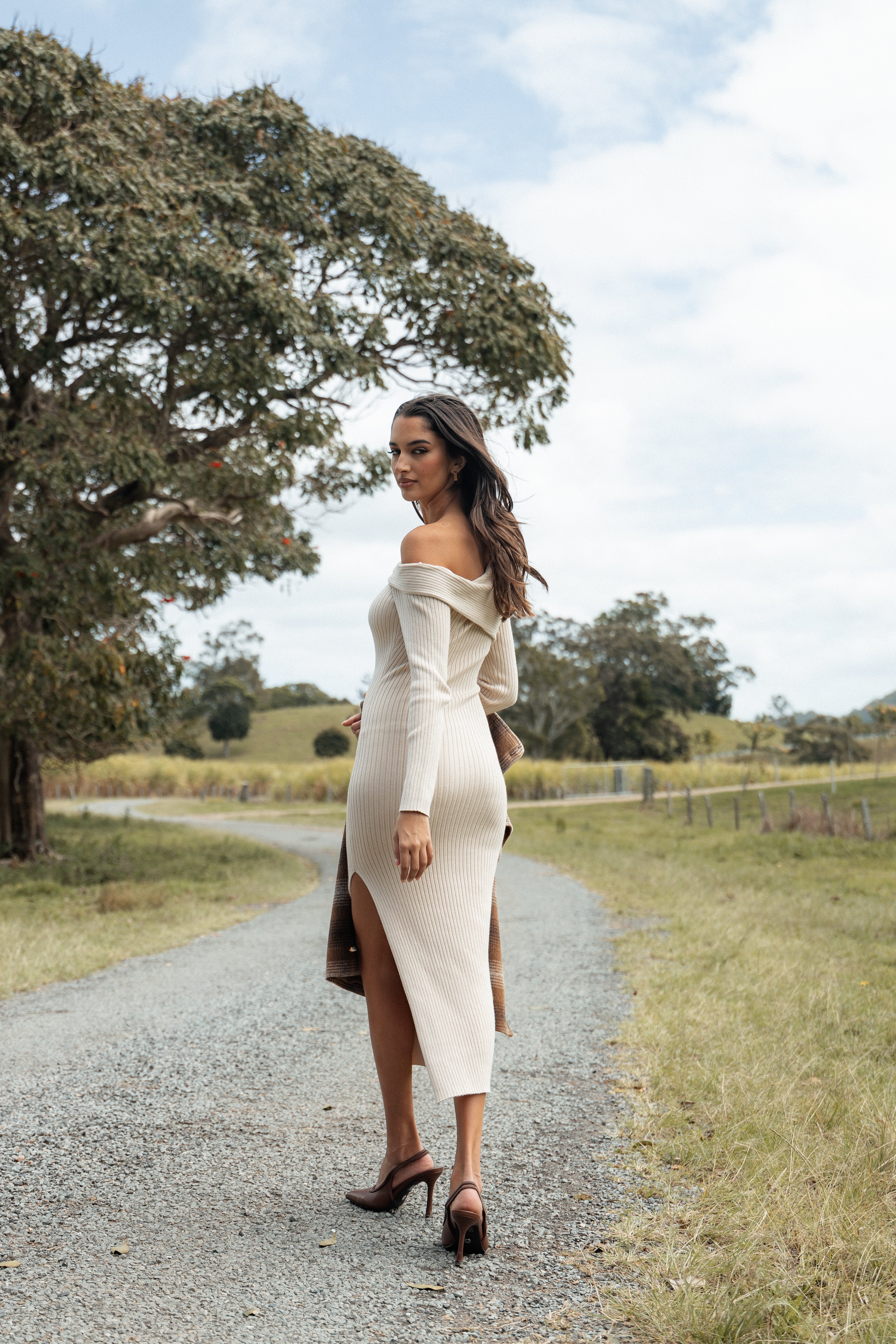 Cammie Long Sleeve Midi Dress - Beige