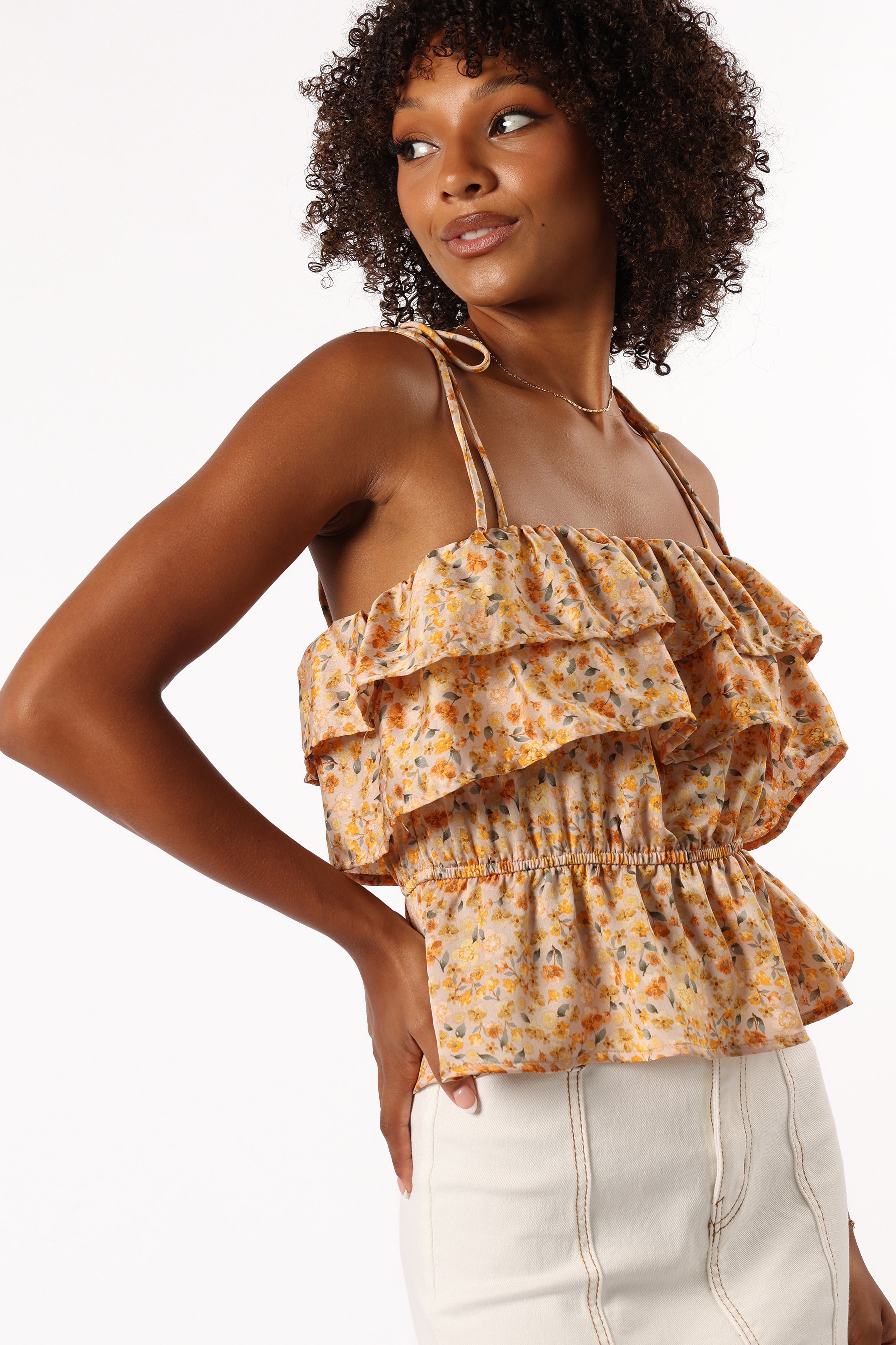 Skyla Ruffle Top - Taupe Multi