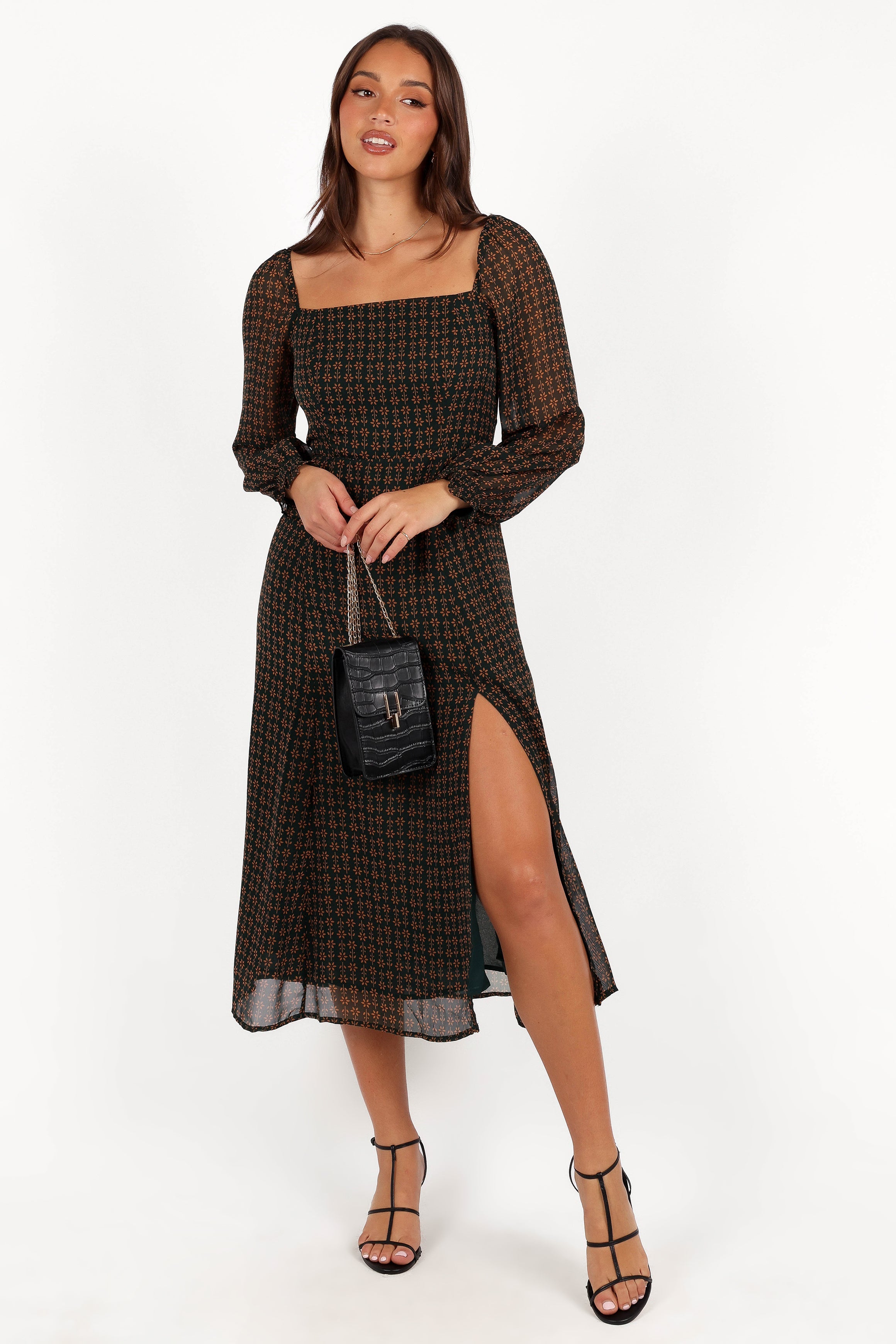 Ettie Long Sleeve Midi Dress - Pine/Tan