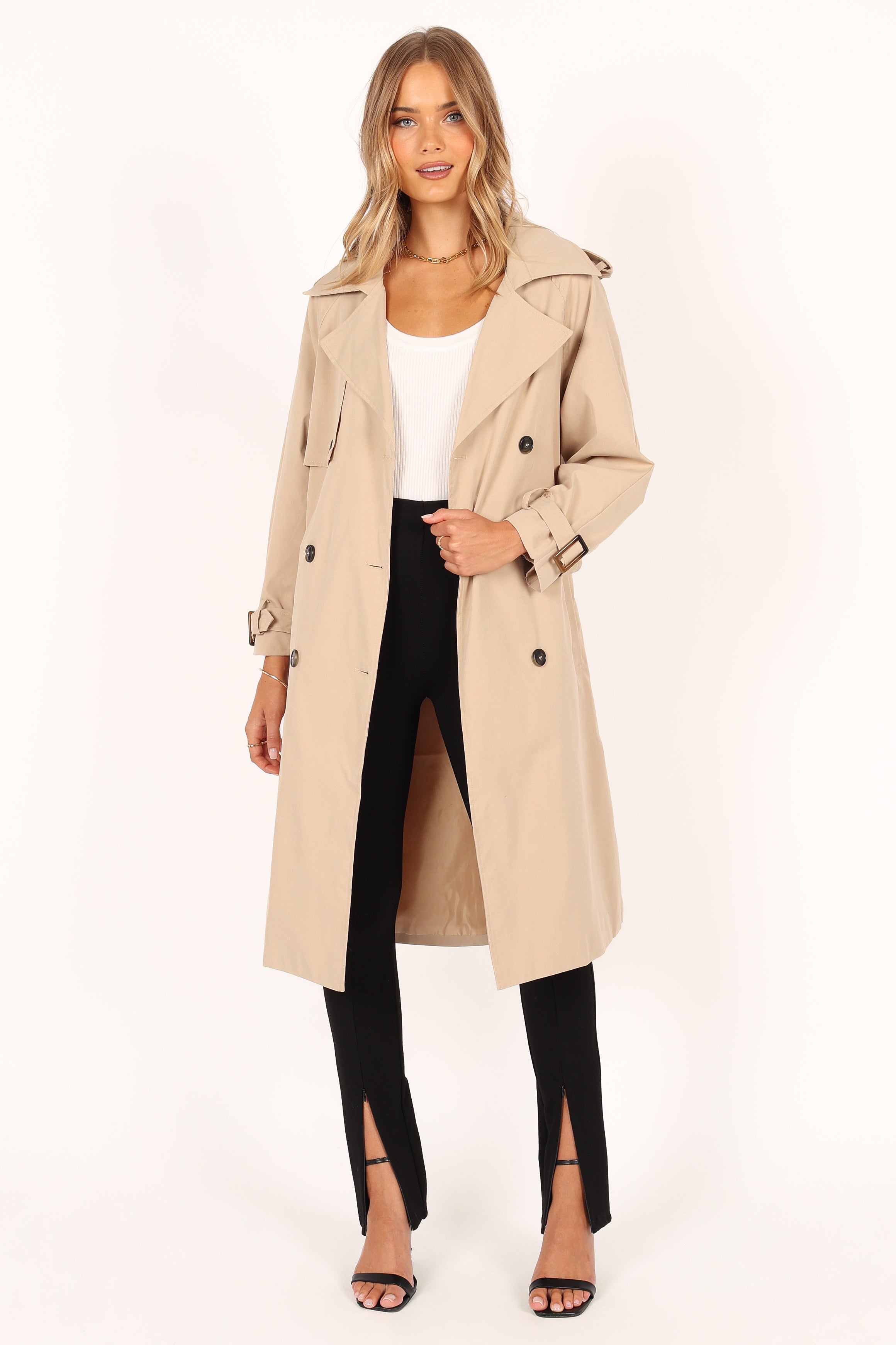 Trina Button Front Trench Coat - Beige